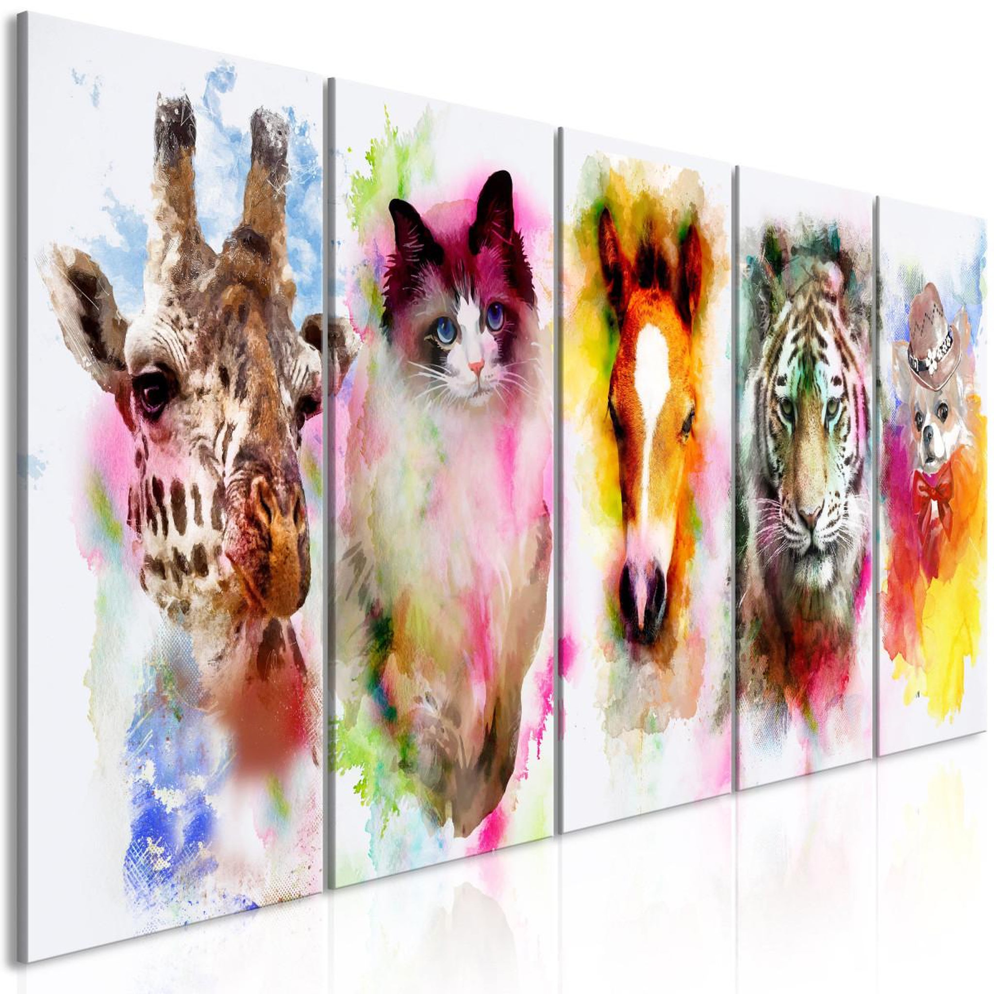 Paris Prix Tableau 5 panneaux  watercolour animals narrow. Coloris disponibles : Multicolore