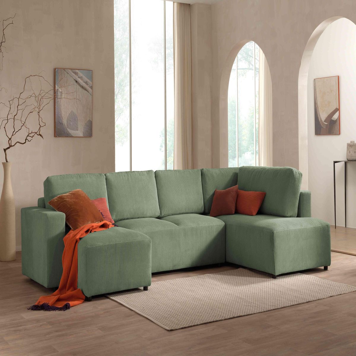 LISA DESIGN Livy - canapé panoramique convertible - avec coffre - en velours côtelé - 7 places - droit