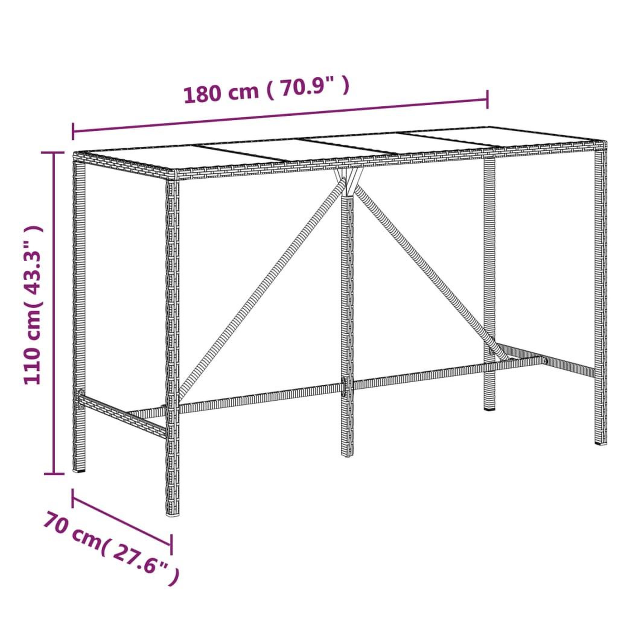 Voir la diapositive 6 : VIDAXL Table de bar et dessus en verre gris 180x70x110 cm poly rotin