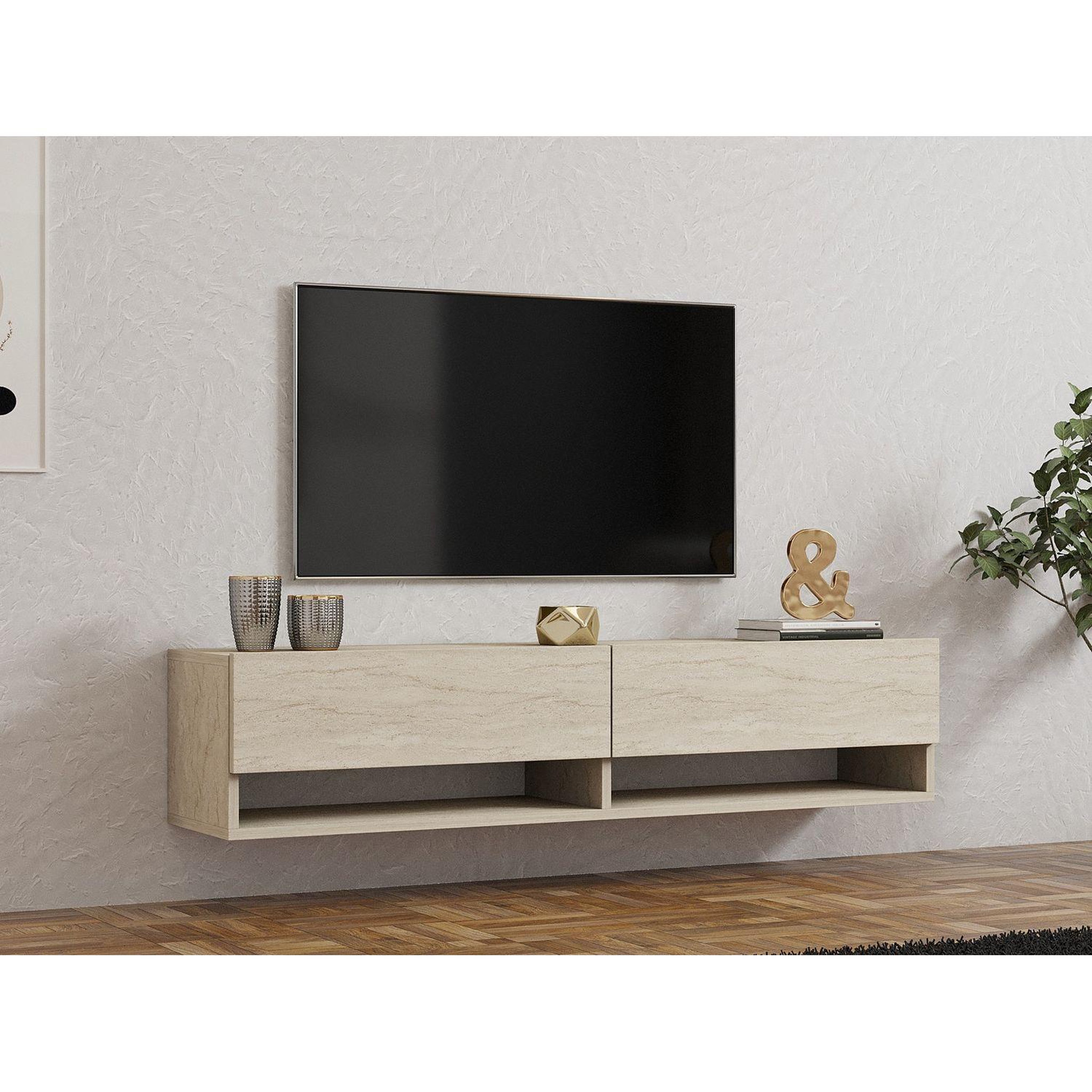Voir la diapositive 6 : TOILINUX Meuble tv suspendu 2 portes basculantes effet travertin sienna - beige