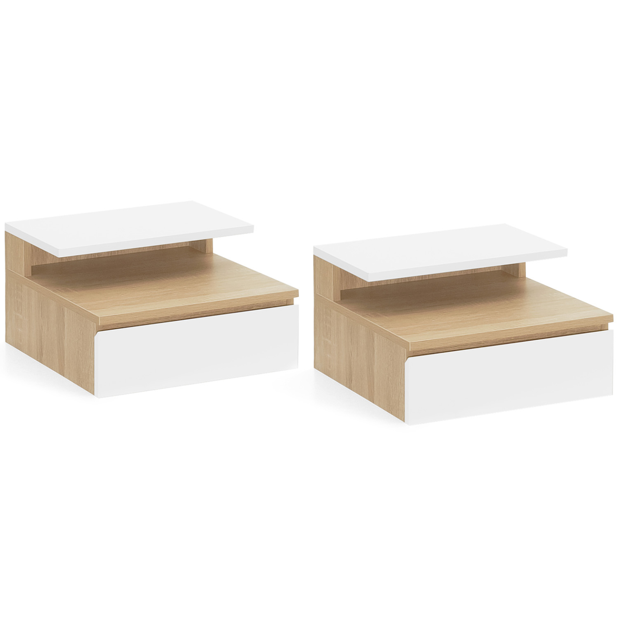 ID MARKET Lot de 2 tables de chevet murales tomi 1 tiroir + 1 tablette étagère suspendue + 1 tablette façon hêtre et blanc