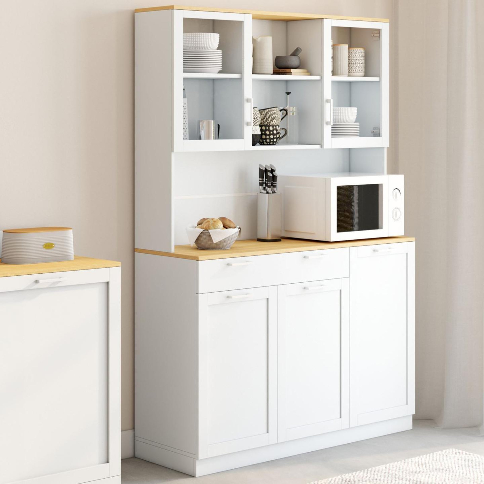 Voir la diapositive 2 : ID MARKET Buffet de cuisine vitré 120 cm vito 5 portes + 1 tiroir blanc et plateau façon hêtre