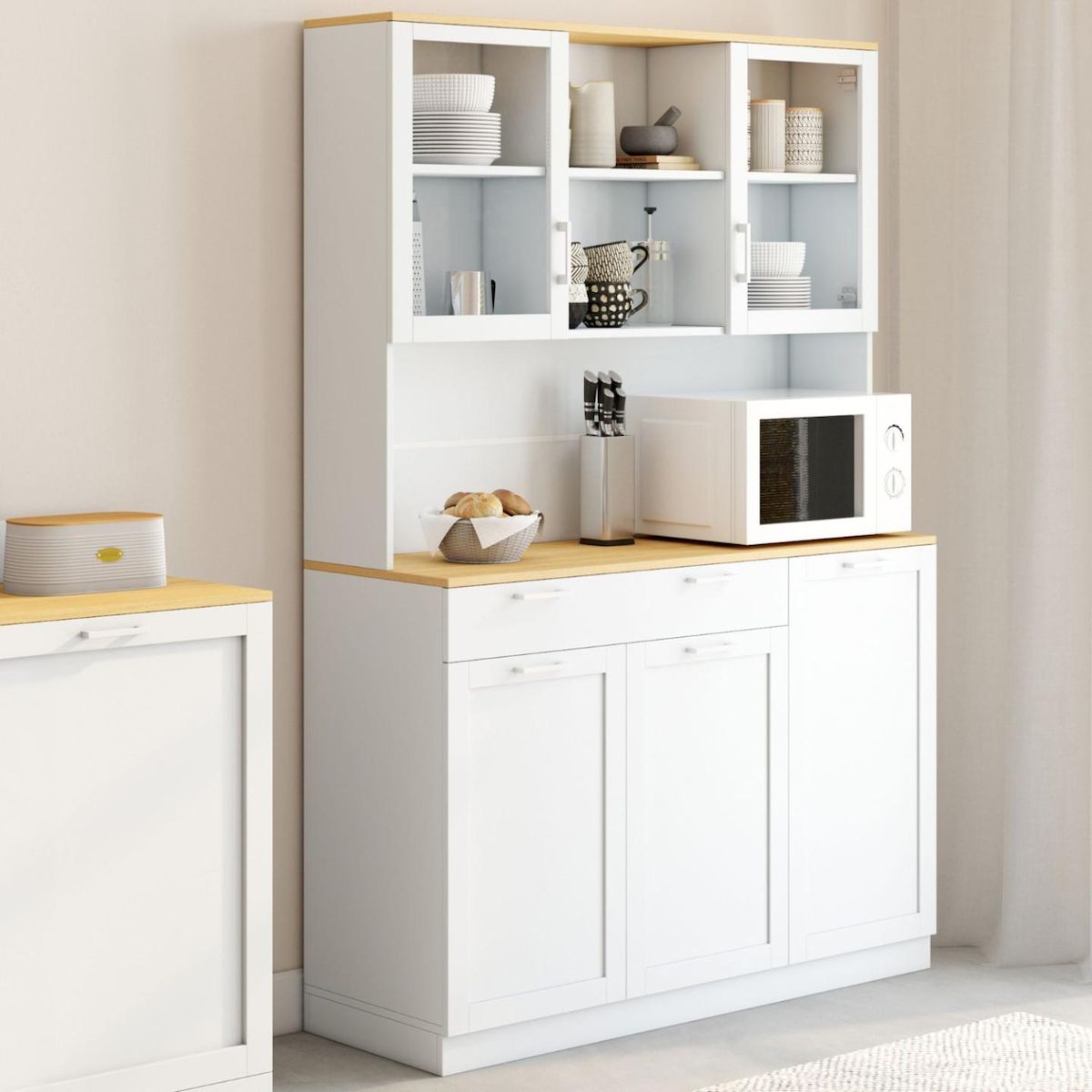 ID MARKET Buffet de cuisine vitré 120 cm VITO 5 portes + 1 tiroir blanc et plateau façon hêtre