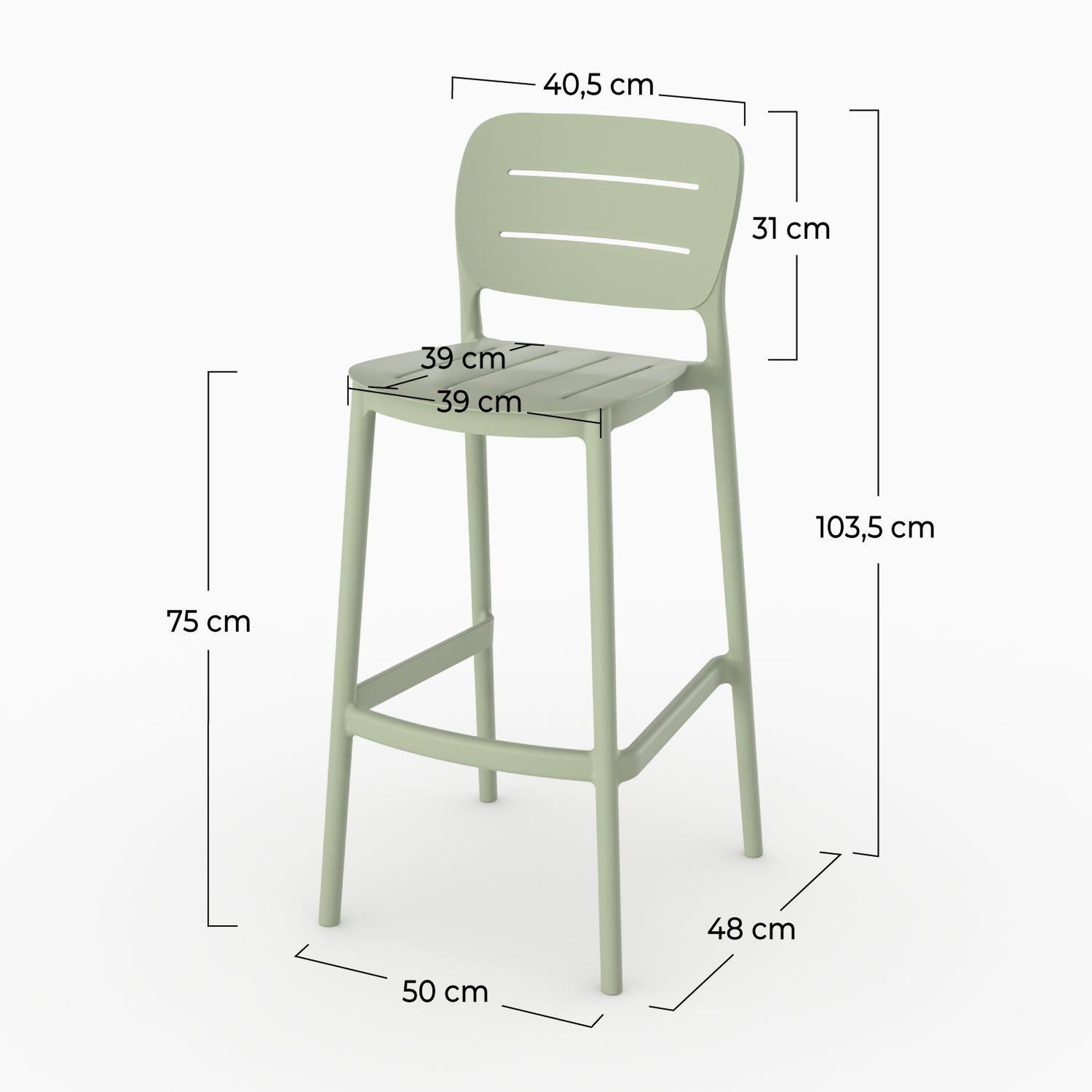 Voir la diapositive 4 : MAISON PAVANE Lot de 2 chaises de bar de jardin 75 cm en plastique vert pastel-lola