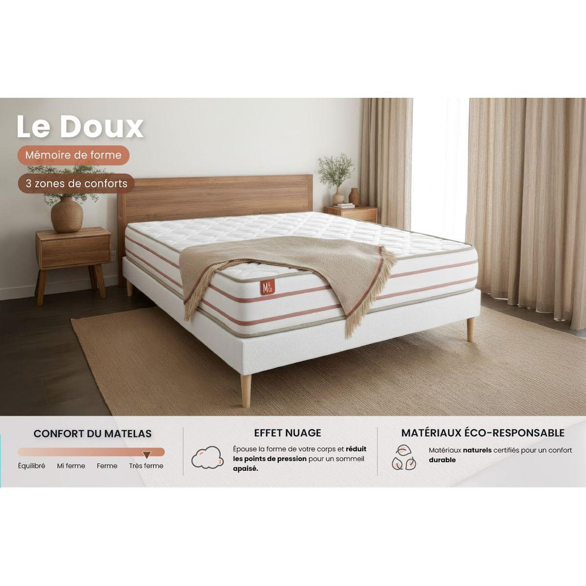 MARMOTTES&CO Pack prêt à dormir matelas LE DOUX 160x200cm Mémoire de forme - Ep. 24cm + sommier kit Blanc
