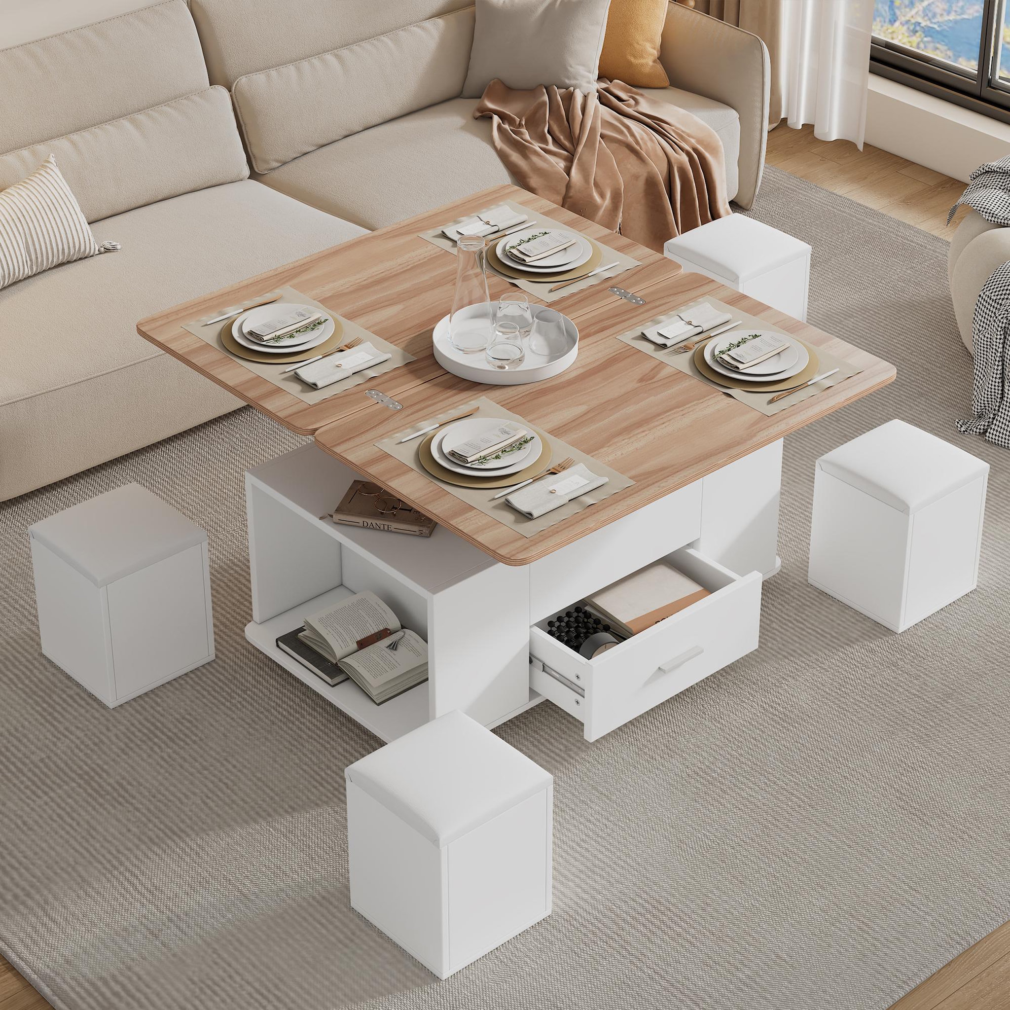 Voir la diapositive 5 : MERAX Table basse relevable rectangulaire blanc - 50x100 cm panneau de particules