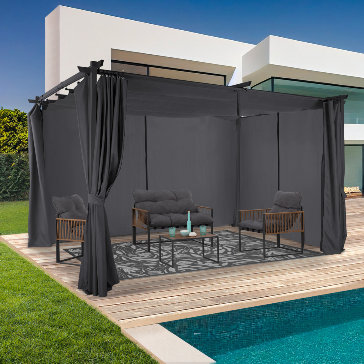ID MARKET Pergola édition limitée toit rétractable 3x4 M et 4 rideaux gris anthracite