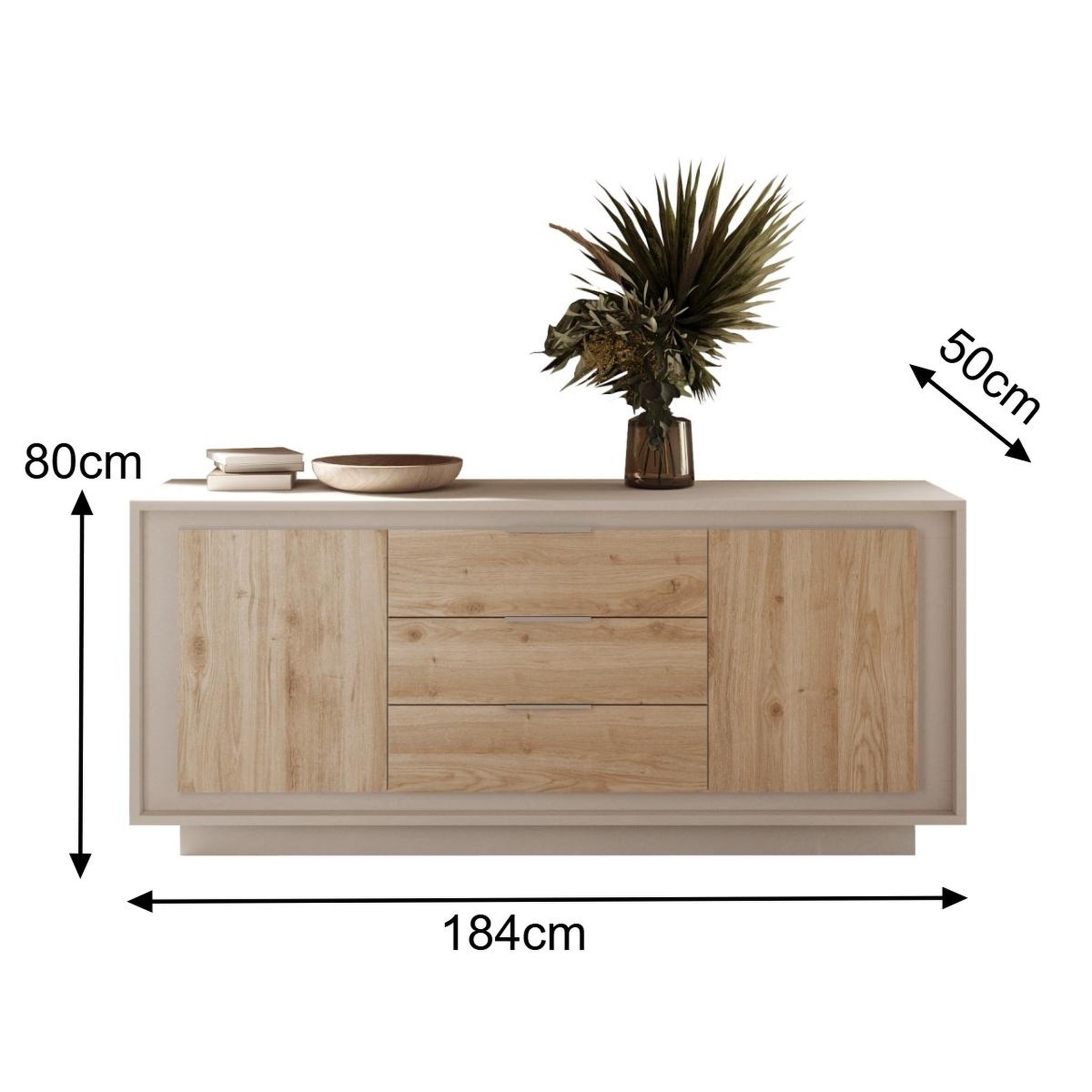 Voir la diapositive 6 : JLC KREATION Buffet bas beige et bois clair 2 portes-3 tiroirs 180cm yori