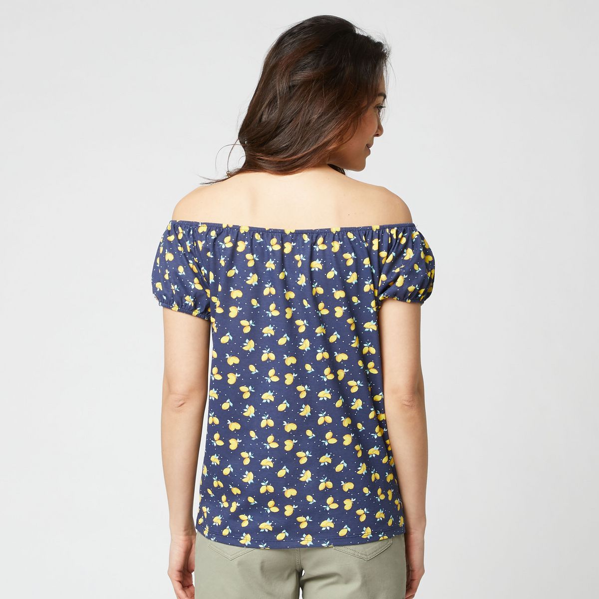 IN EXTENSO Top bleu marine épaules dénudées imprimé orange femme