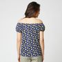 Voir la diapositive 2 : IN EXTENSO Top bleu marine épaules dénudées imprimé orange femme
