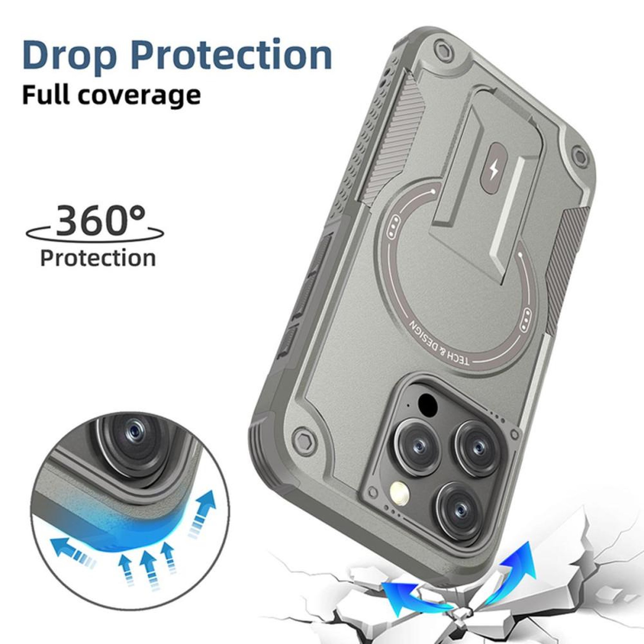 Voir la diapositive 2 : Coque MagSafe iPhone 16 Pro grise antichoc 360° avec support intégré HCT Style