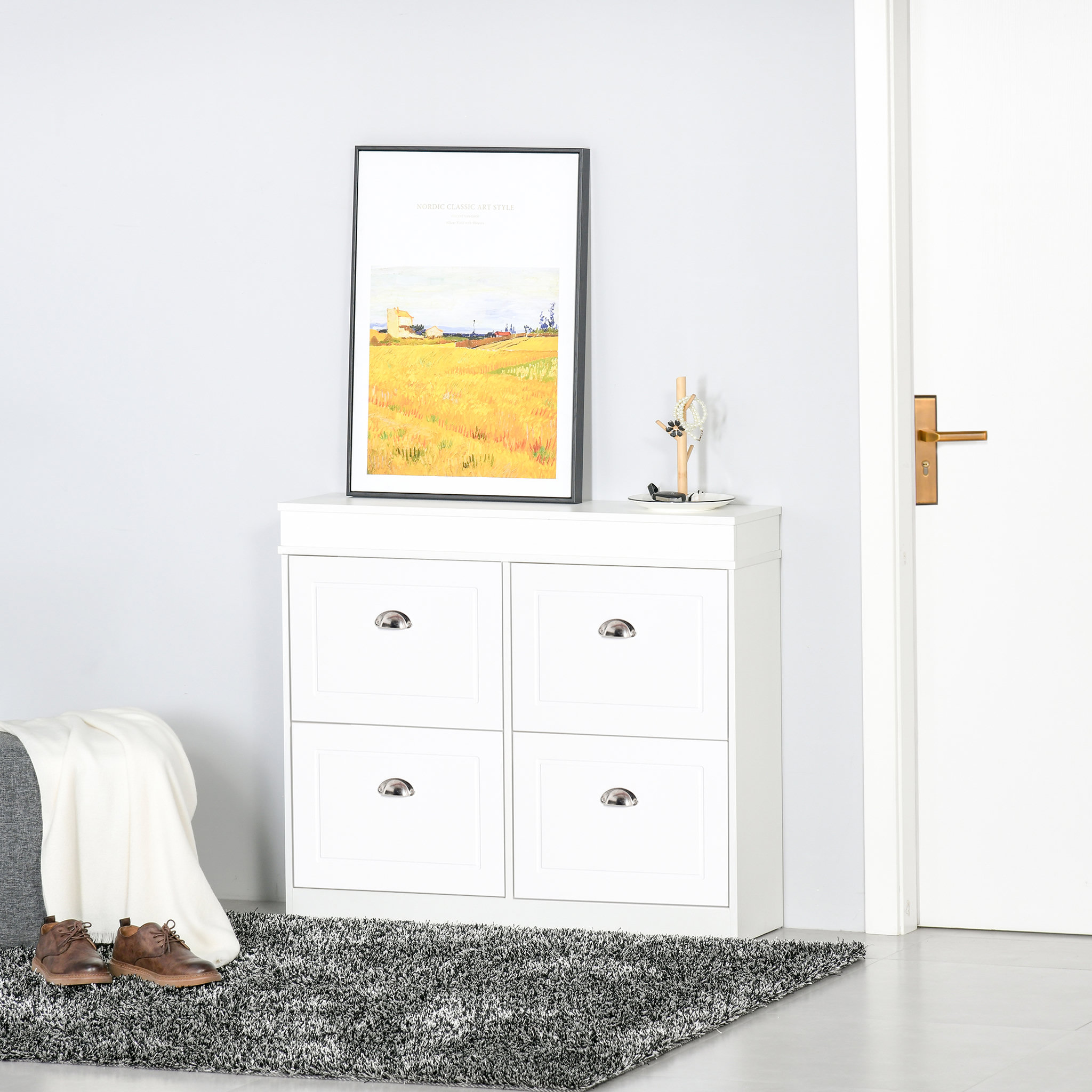 Voir la diapositive 5 : HOMCOM Armoire à chaussures meuble à chaussures rangement pour 32 paires dim. 98L x 24l x 83H cm  4 portes abattantes double niveau MDF blanc