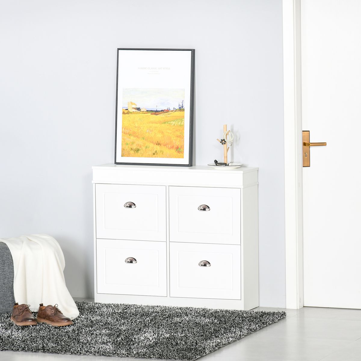 HOMCOM Armoire à chaussures meuble à chaussures rangement pour 32 paires dim. 98L x 24l x 83H cm  4 portes abattantes double niveau MDF blanc