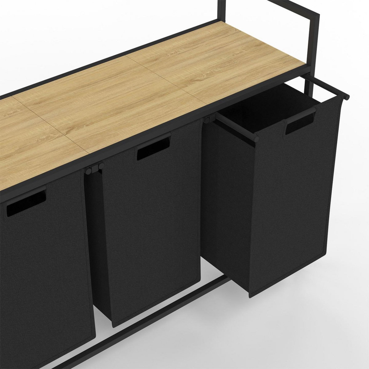 ID MARKET Panier à linge 3 bacs DETROIT tissu noir design industriel