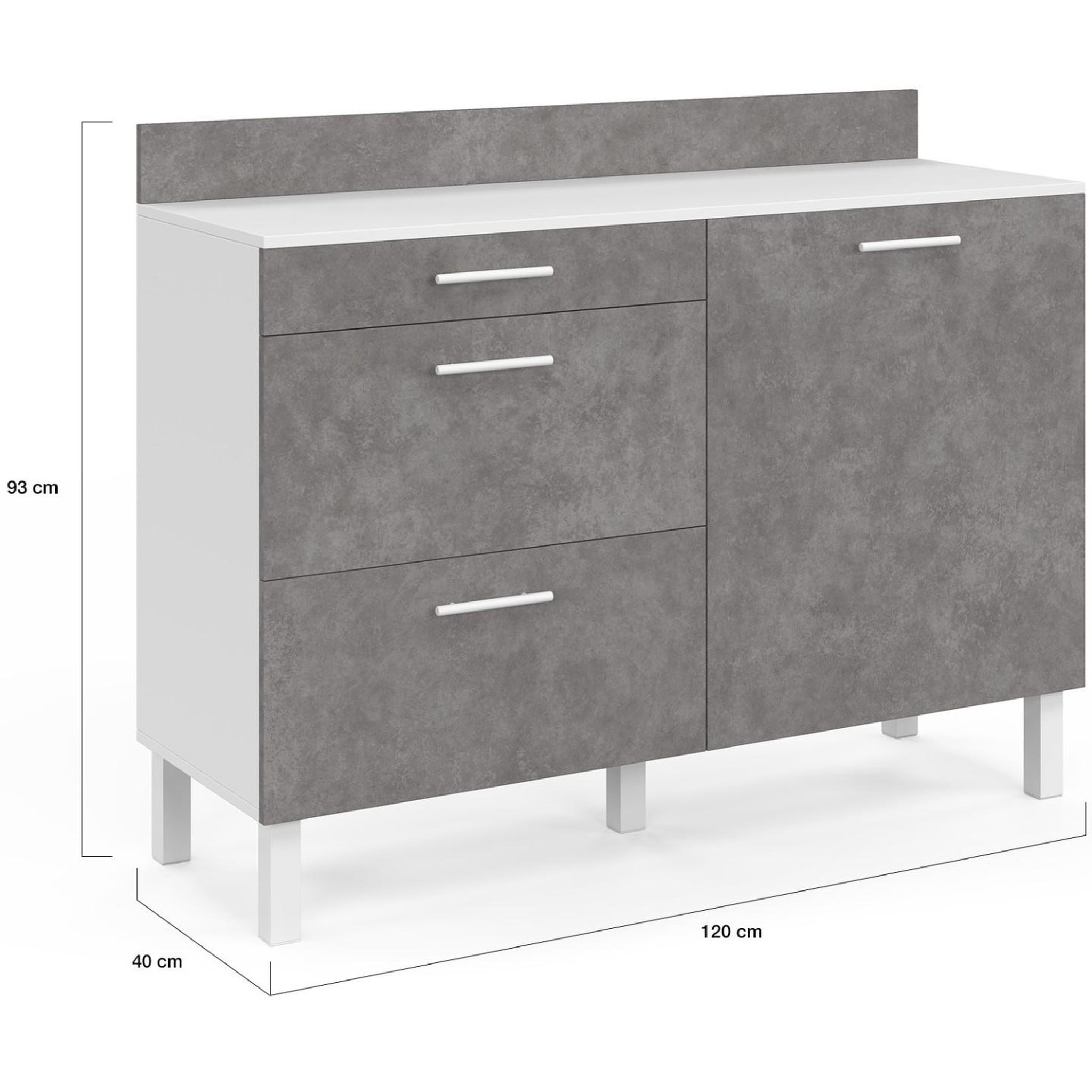 Voir la diapositive 4 : ID MARKET Buffet bas casserolier de cuisine 120 cm cina plan de travail h.83 cm 1 porte + 3 tiroirs blanc et effet béton
