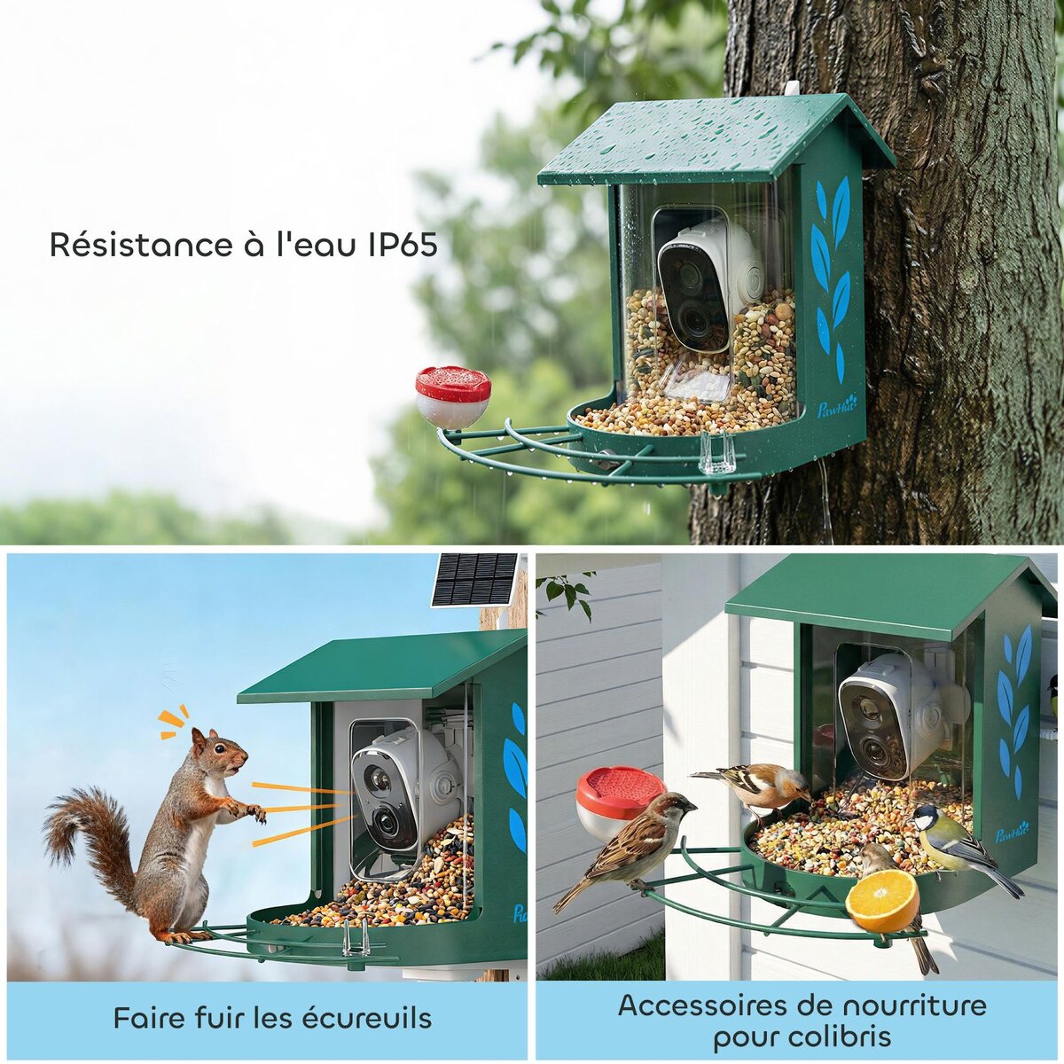 PAWHUT Mangeoire oiseaux avec caméra solaire 3M pixels reconnaissance IA grand angle 142° - 30 x 34 x 26 cm - métal vert