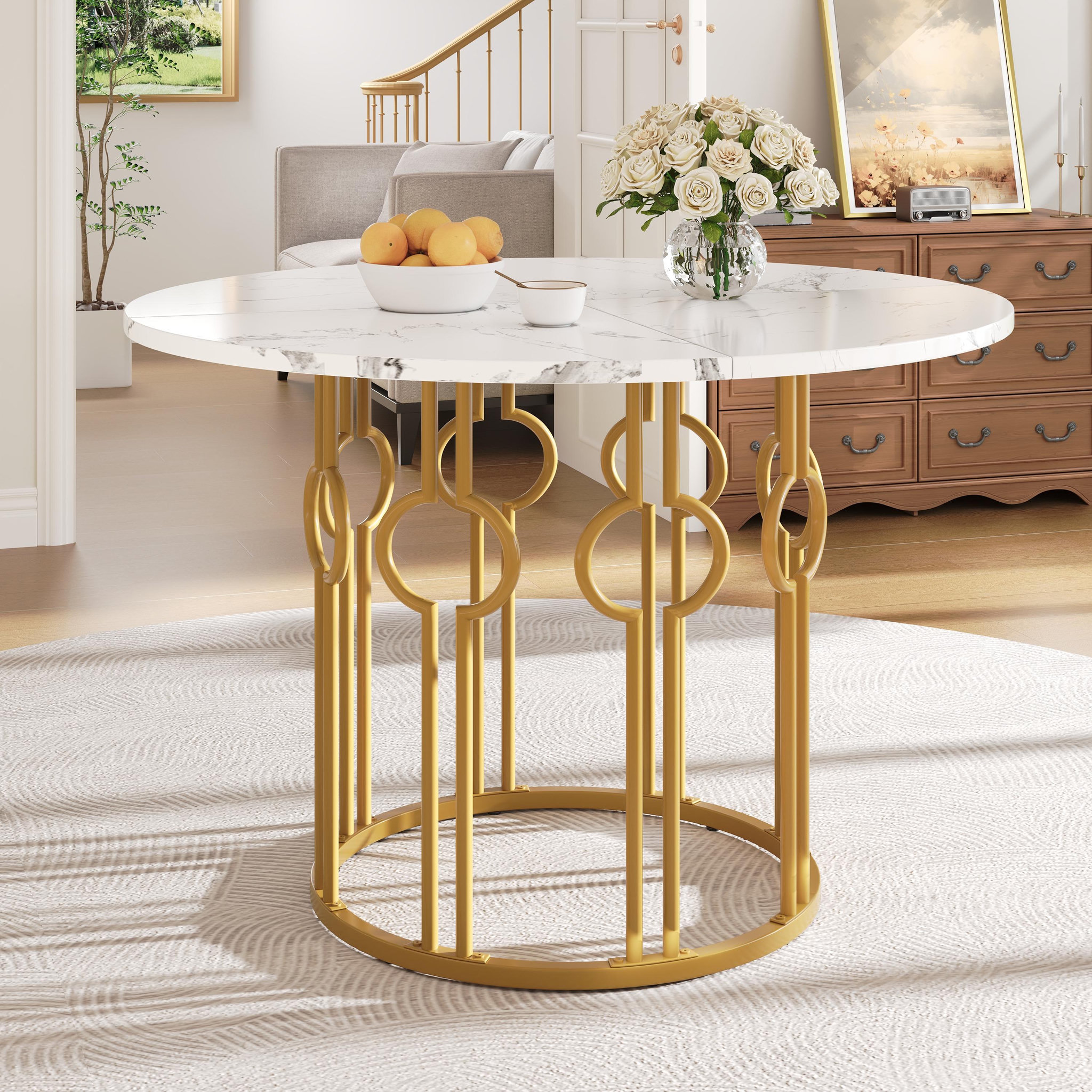 Voir la diapositive 2 : MERAX Table à manger ronde fixe blanc+doré - 100x100-100max.cm mdf et métal