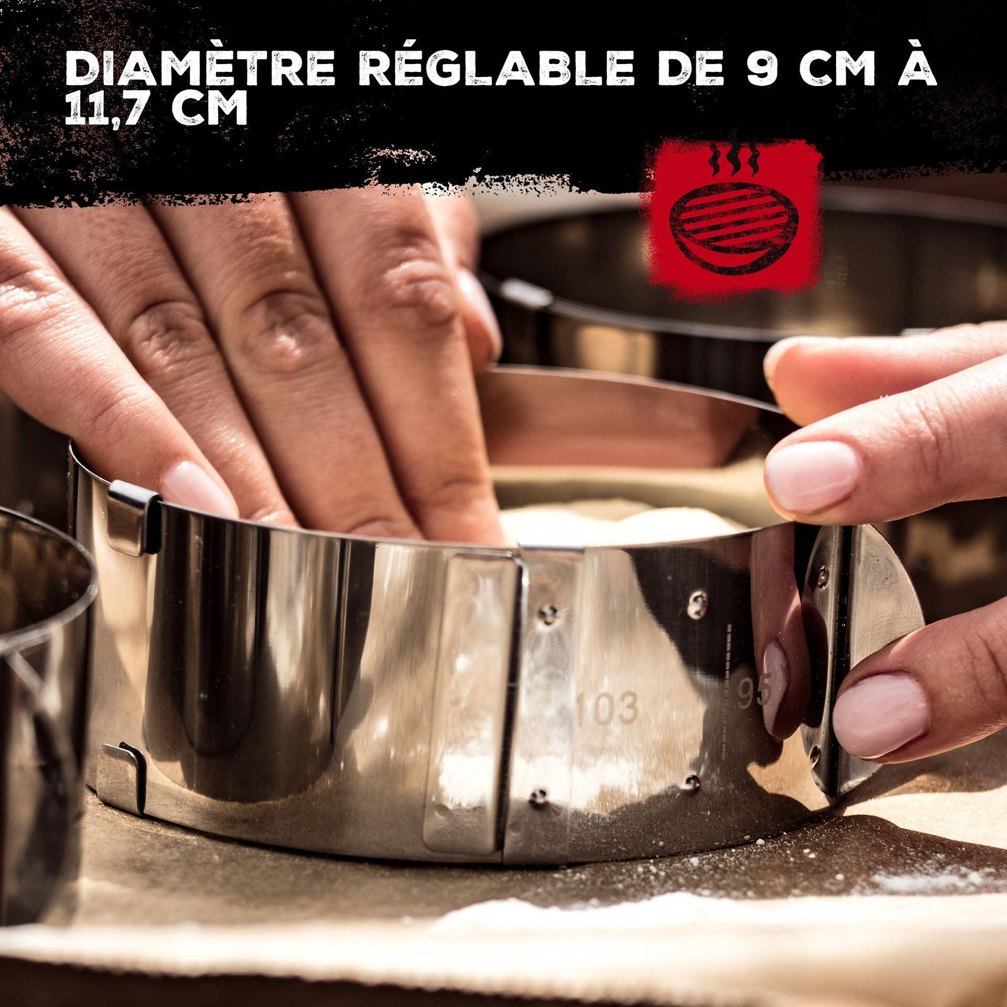 Voir la diapositive 5 : FM PROFESSIONAL Lot de 2 emporte-pièces réglables 9 à 11,7 cm fm professional barbecue