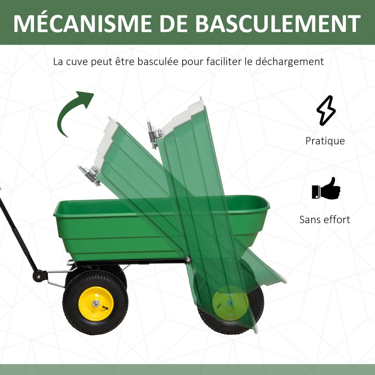OUTSUNNY Chariot de jardin à main benne basculante 75° 125L charge max. 200 Kg 4 roues pneumatiques acier PP jaune vert