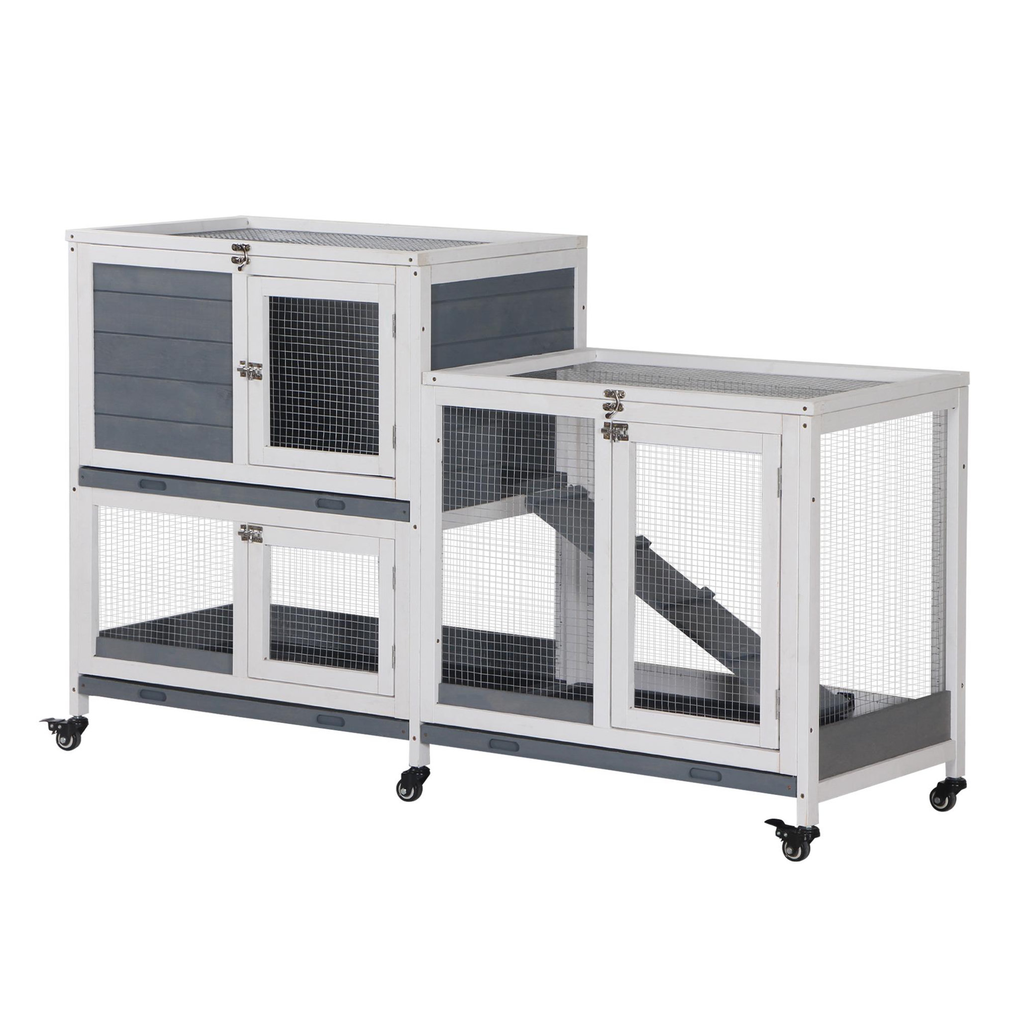 PAWHUT Clapier à lapin sur roulettes 2 niveaux - niche, rampe, plateaux, portes - métal bois blanc gris