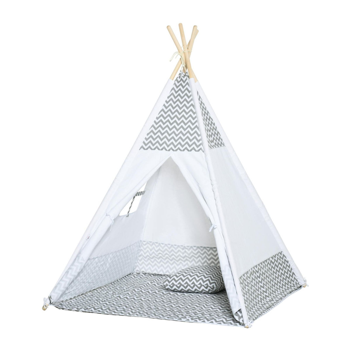 HOMCOM Tente teepee indien enfant style graphique - dim. 1,2L x 1,2I x 1,55H m - porte refermable, fenêtre, tapis, coussin, sac transport inclus - structure bois, toile polyester coton gris blanc