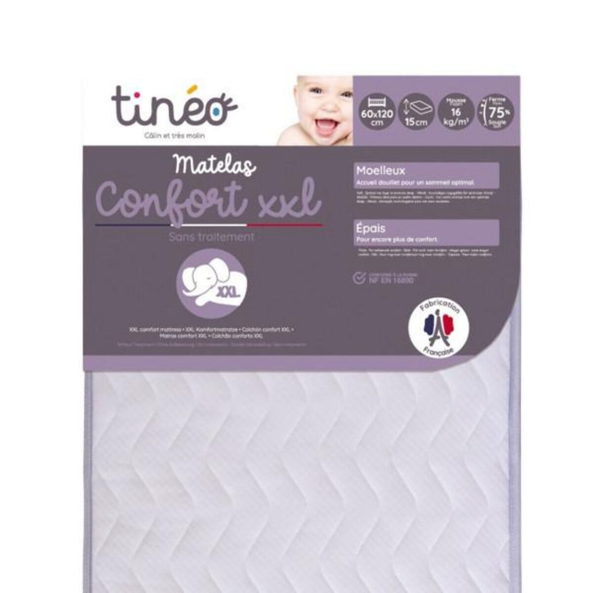 TINEO Matelas Bébé Confort XXL TINEO 60x120x15cm - Sans Traitement - Fabriqué En France - Garantie 2 Ans