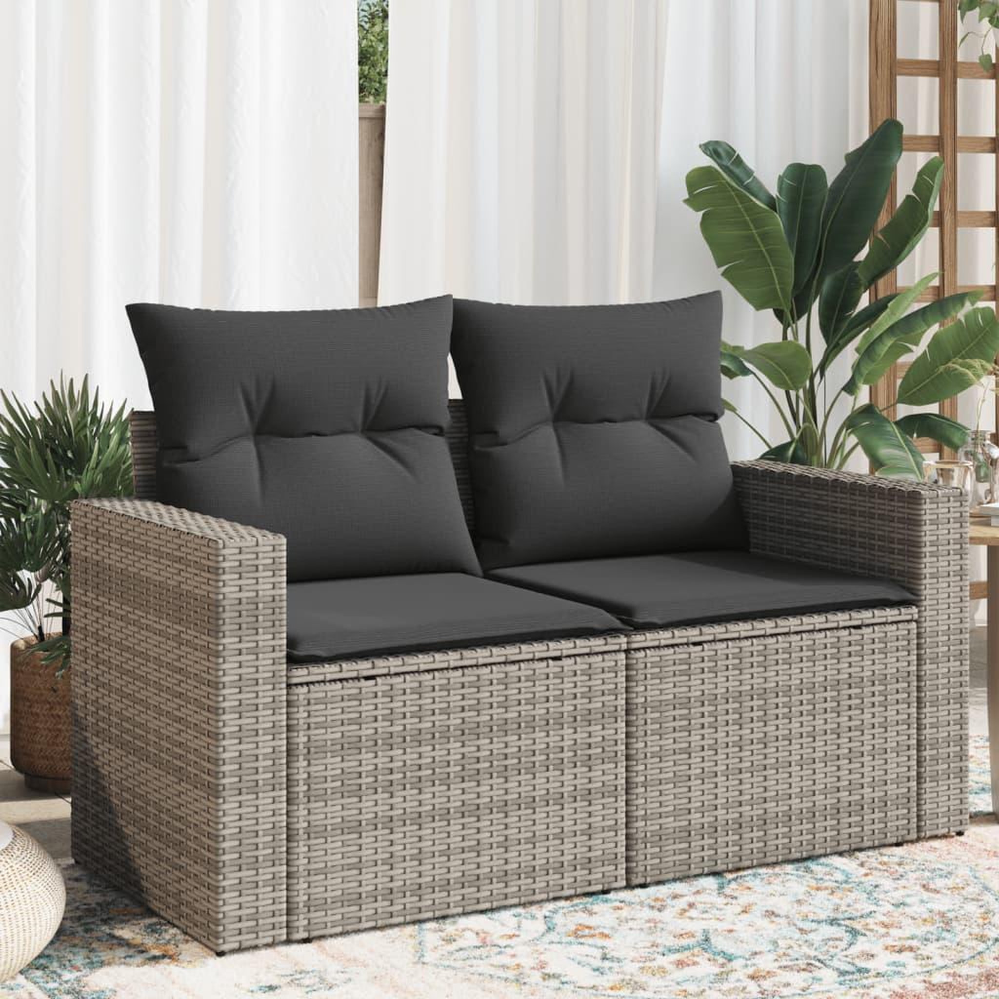 VIDAXL Canape de jardin 2 places avec coussins gris resine tressee