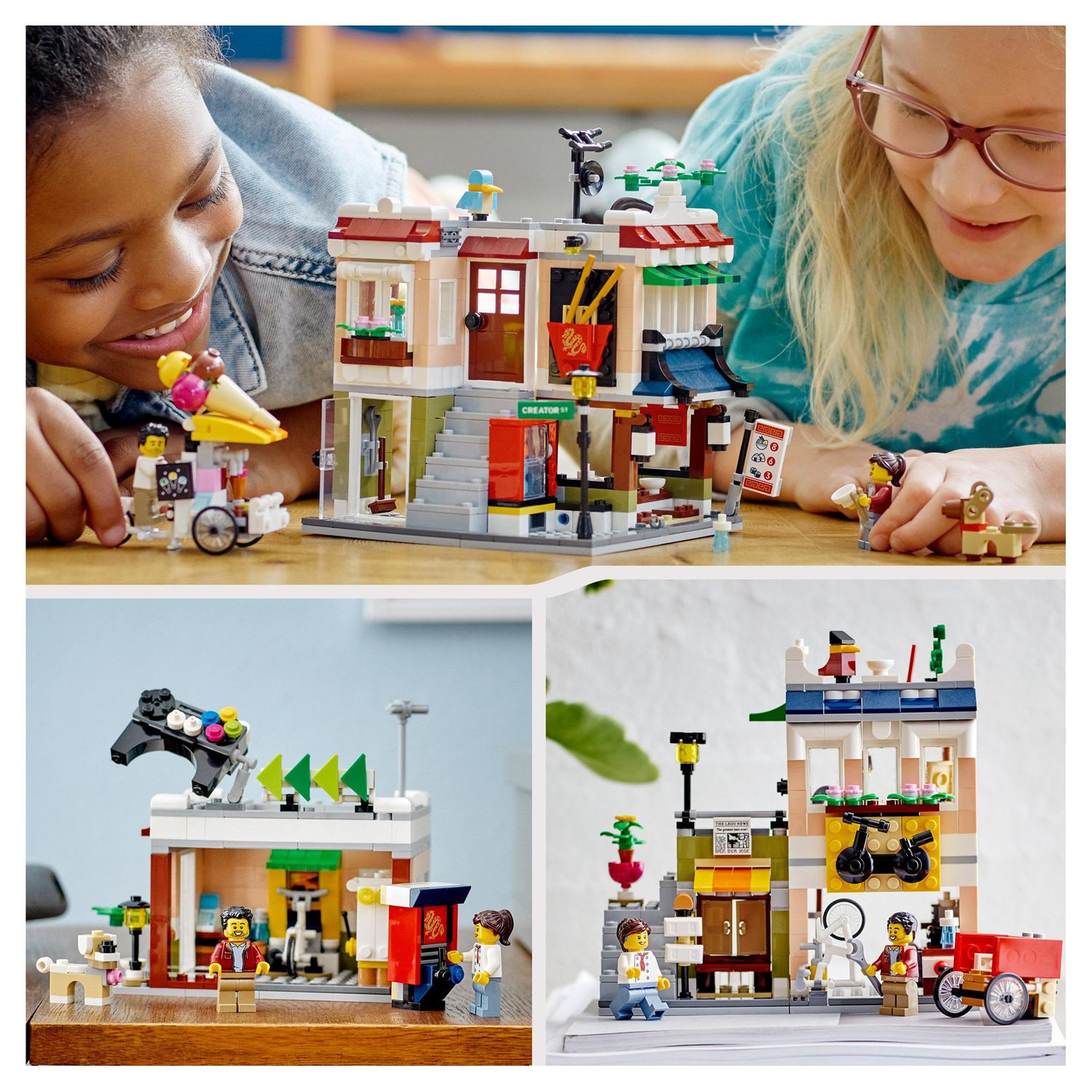 Voir la diapositive 8 : LEGO Creator 31131 3-en-1 Le Magasin de Nouille du Centre-Ville, Jouet Transformable en Magasin de Cycles, en Kiosque à Journaux ou en Salle d&rsquo;Arcade