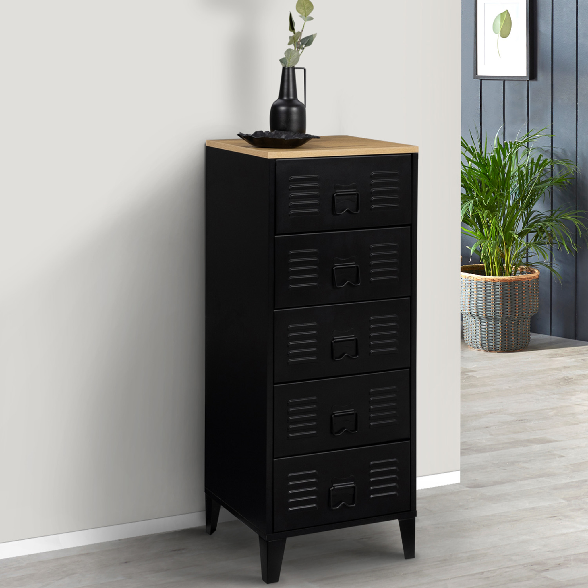 Voir la diapositive 2 : ID MARKET Chiffonnier 5 tiroirs ester 40x40x100 cm métal noir et plateau façon hêtre design industriel