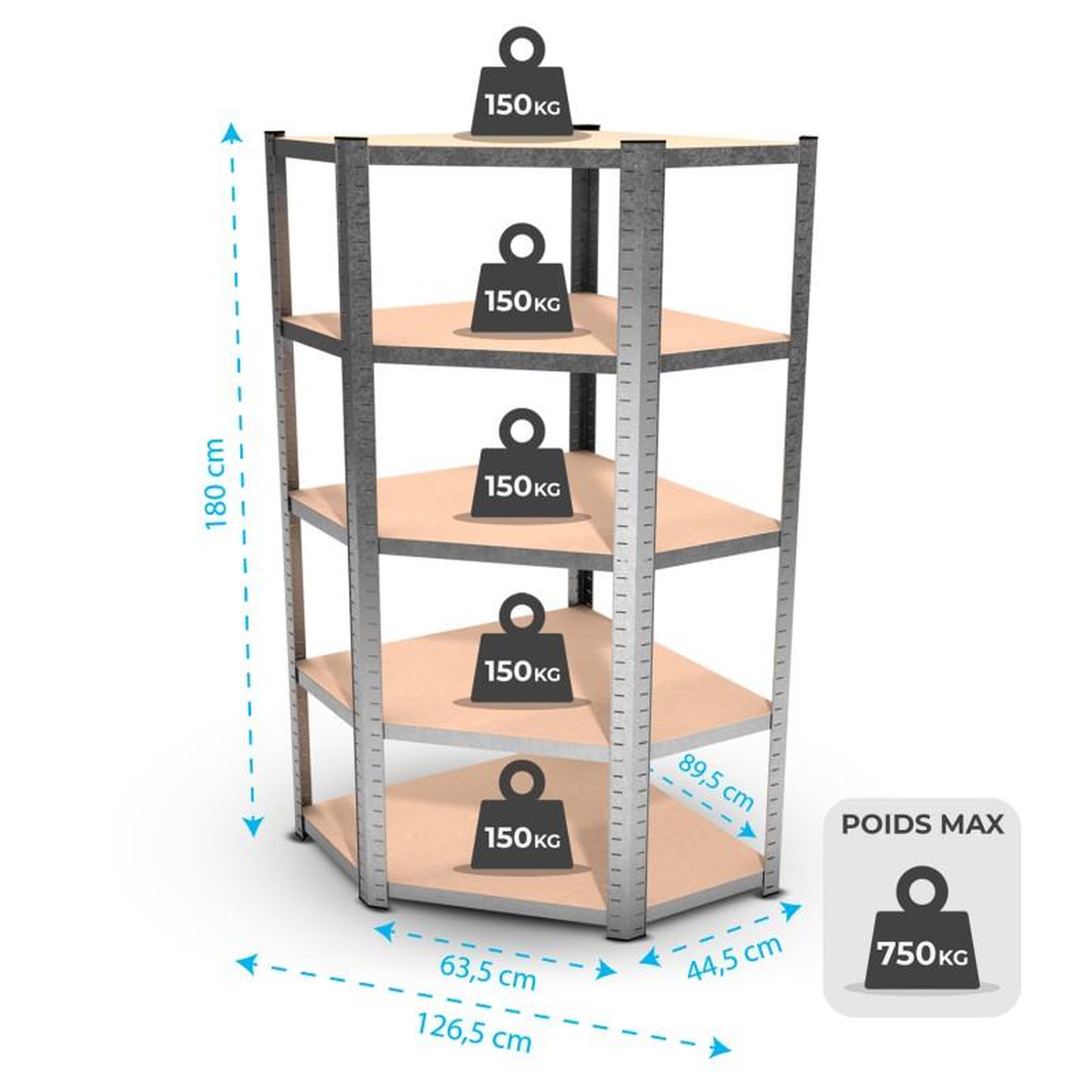Voir la diapositive 2 : EUROSPEN Étagère d'angle polyvalente en métal - Charge lourde Max 750kg - 180 x 90 x 45 cm - Gris