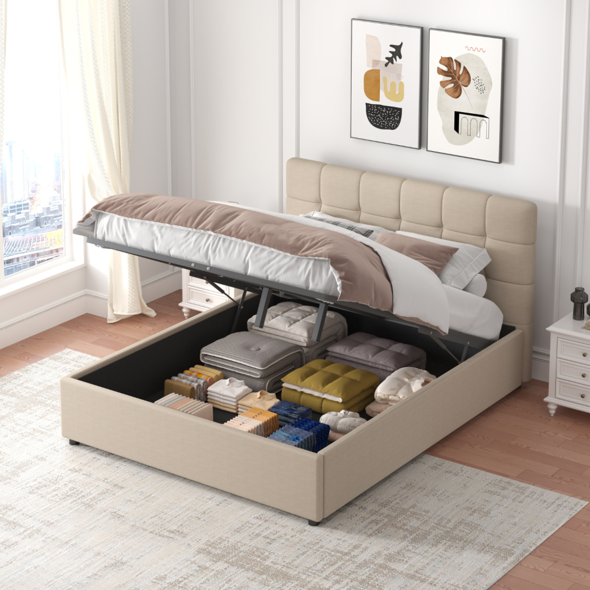 Voir la diapositive 5 : CONCEPT USINE Lit avec coffre de rangement 140x190cm velours beige santa