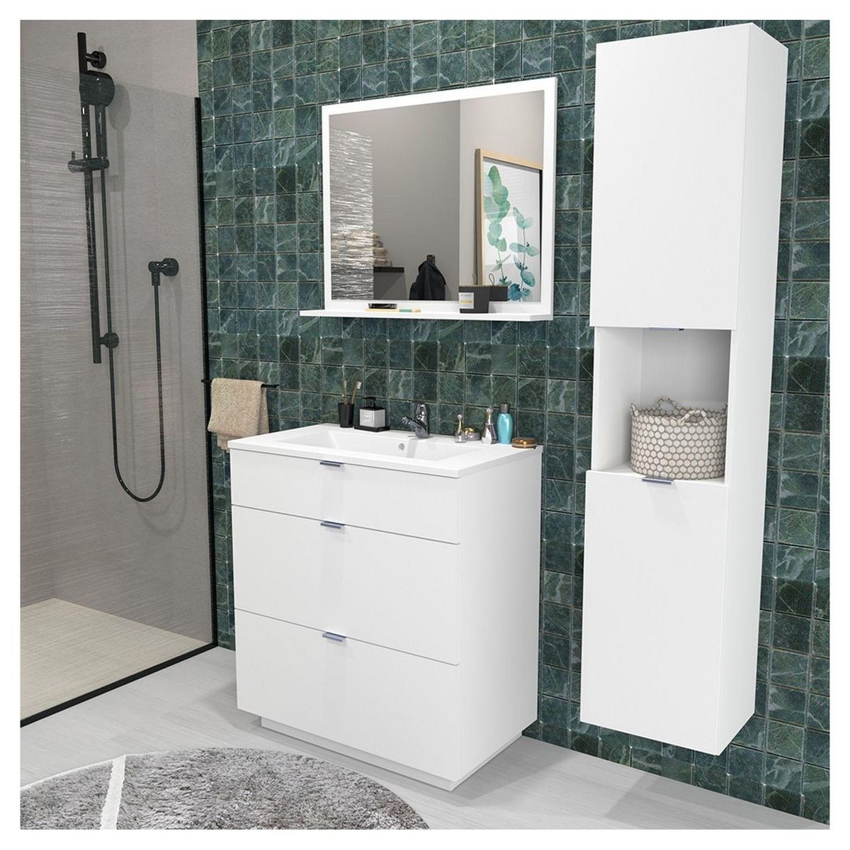 Ensemble de salle de bain meuble sous vasque 3 tiroirs + vasque + miroir + colonne FARO