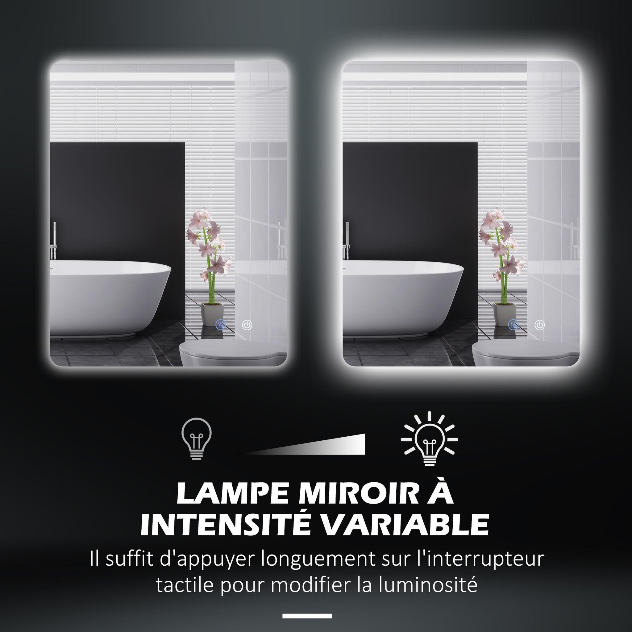 Voir la diapositive 5 : KLEANKIN Miroir rectangulaire mural lumineux led de salle de bain - 80 x 60 cm - 3 couleurs, luminosité réglable interrupteur tactile système antibuée blanc transparent