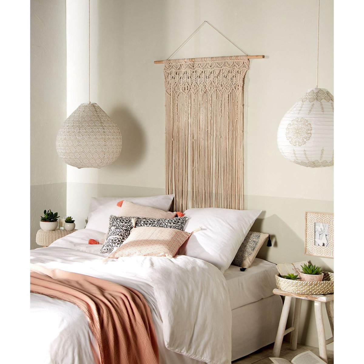 TOILINUX Lot de 2 Rideaux à fil détails macramé Rituality - L. 90 x H. 200 cm - Beige