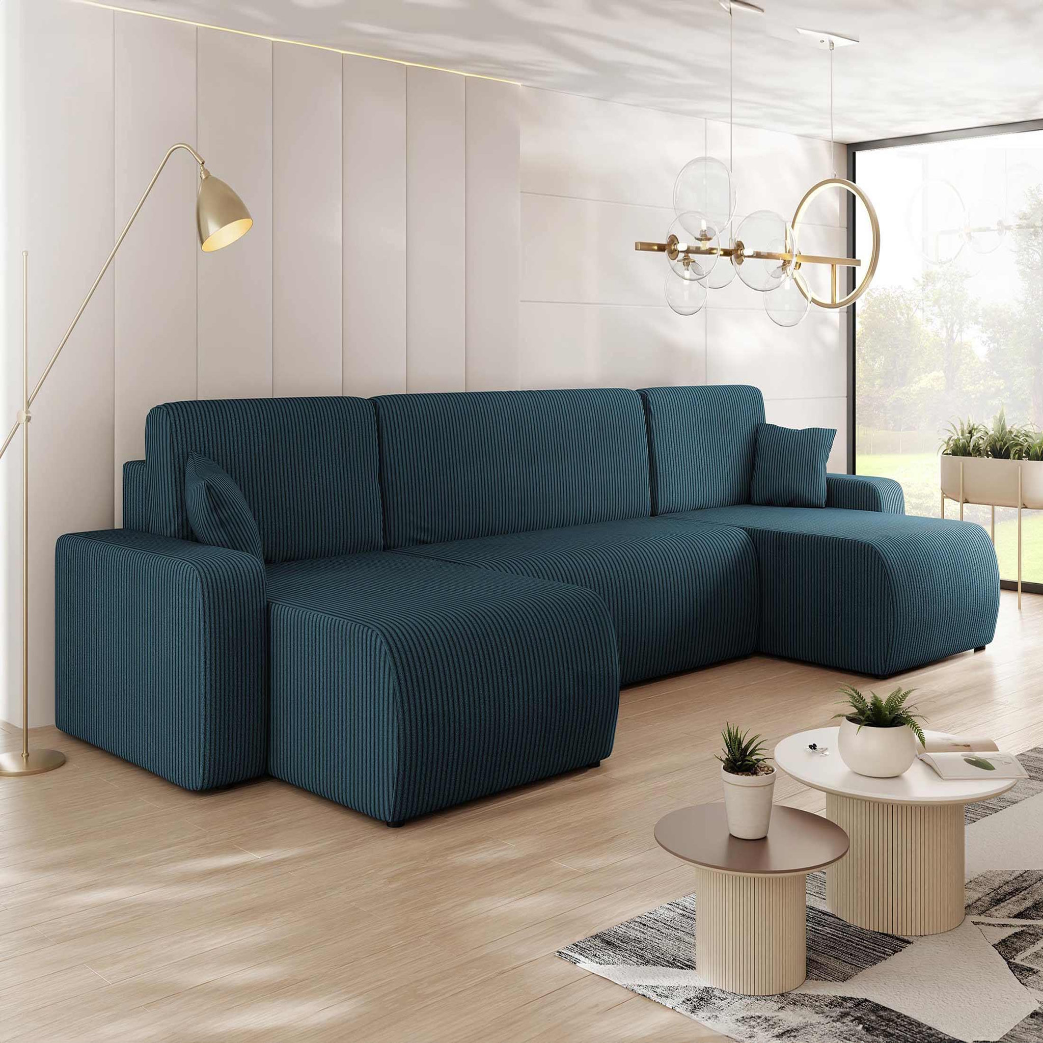 Voir la diapositive 1 : BEST MOBILIER Artemisa - canapé panoramique en u - 7 places - convertible avec coffre - en velours côtelé
