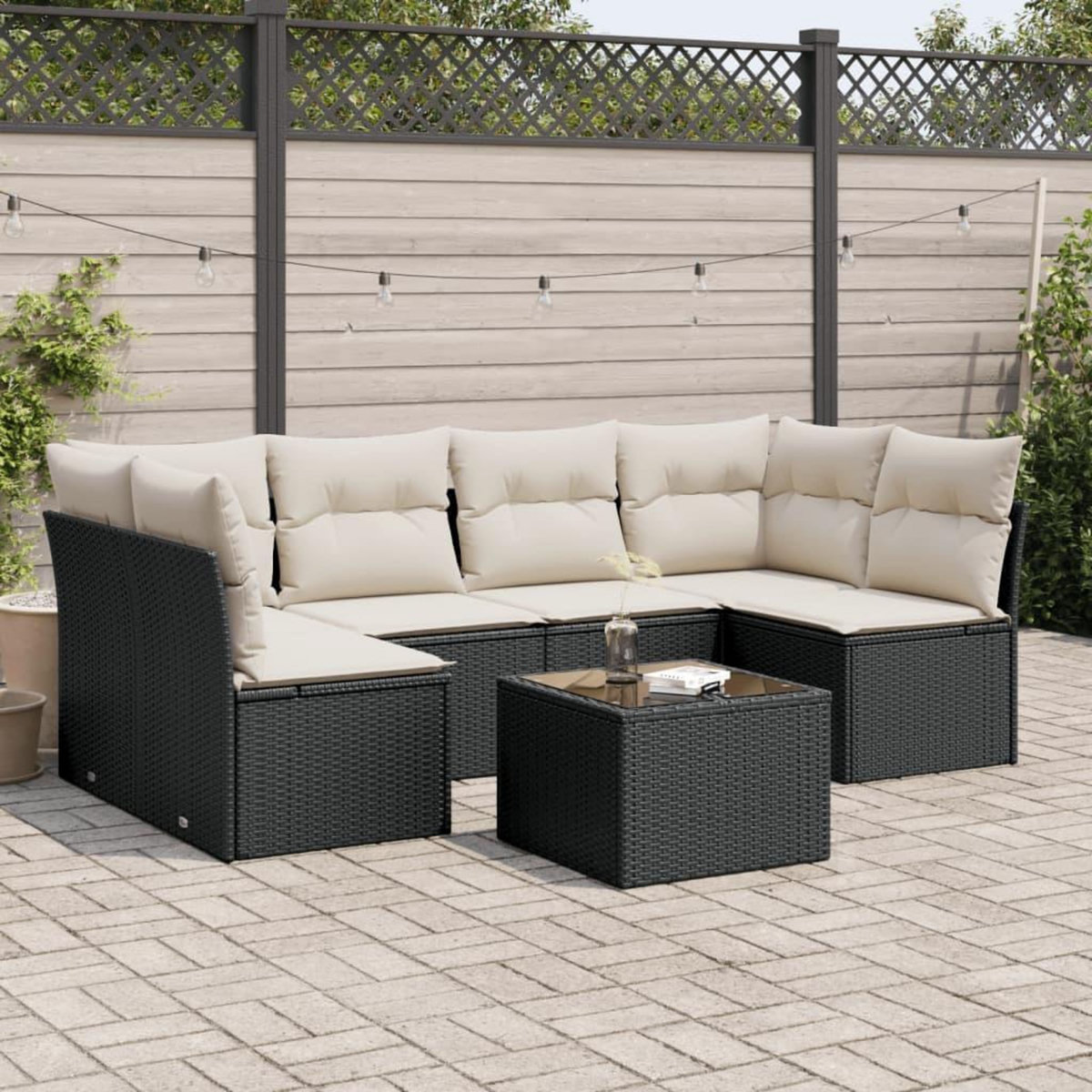 VIDAXL Salon de jardin 7 pcs avec coussins noir resine tressee