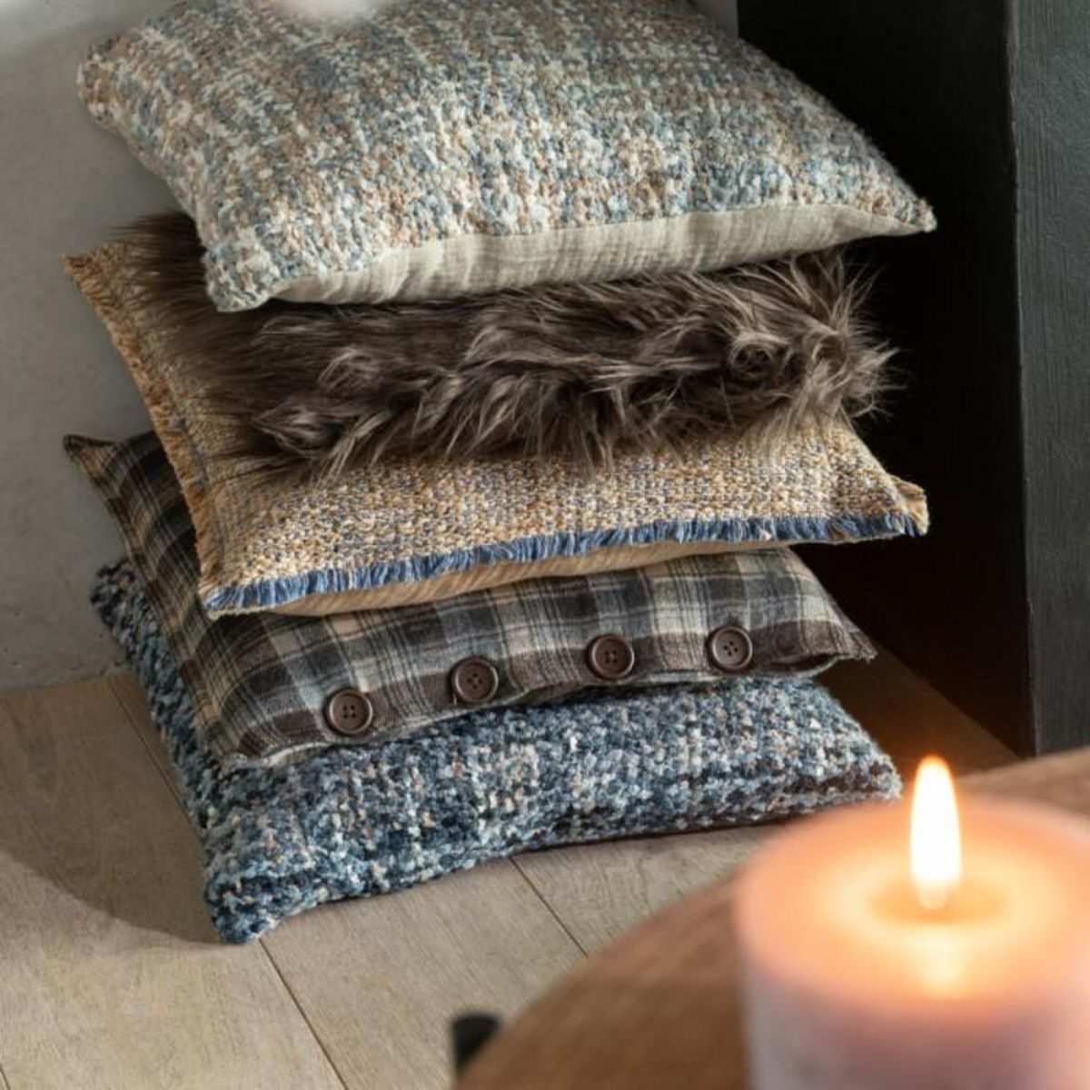 Paris Prix Coussin Déco  Effiloché  45x45cm Marron & Bleu