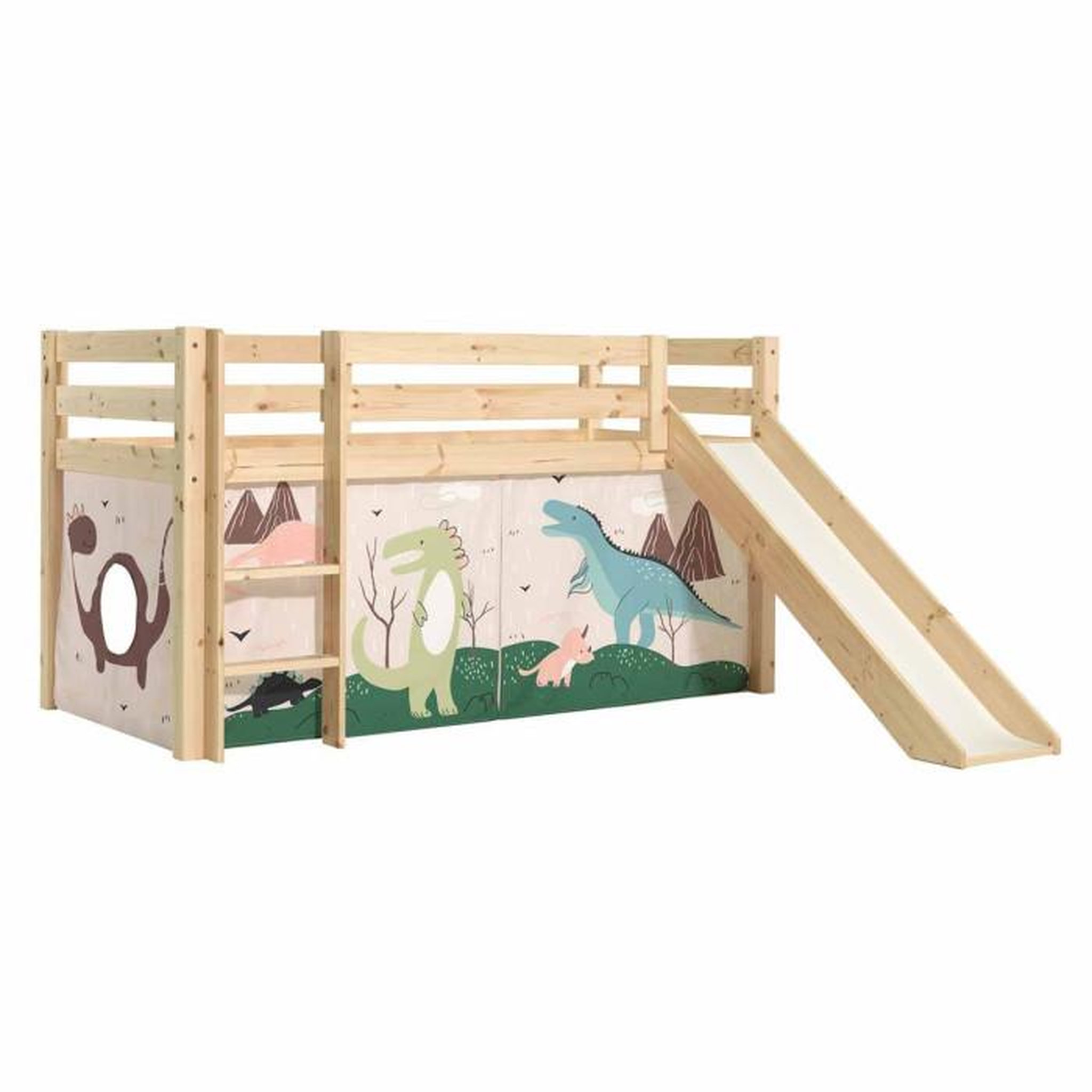 Paris Prix Lit Enfant Surélevé Avec Toboggan  Pino Dino  90x200cm Naturel