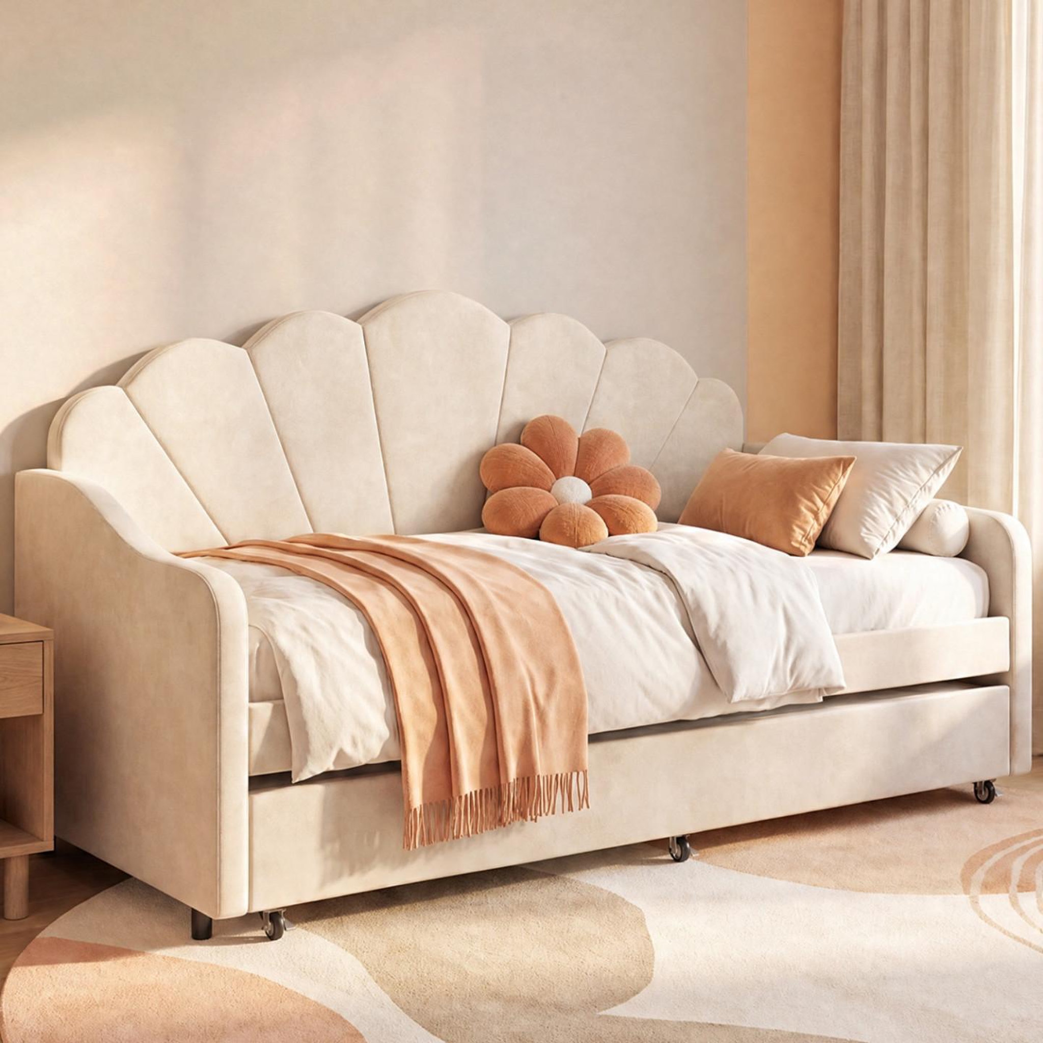 Voir la diapositive 6 : ID MARKET Lit banquette gigogne coquillage amanda 2 x 90 x 190 cm avec 2 sommiers velours beige