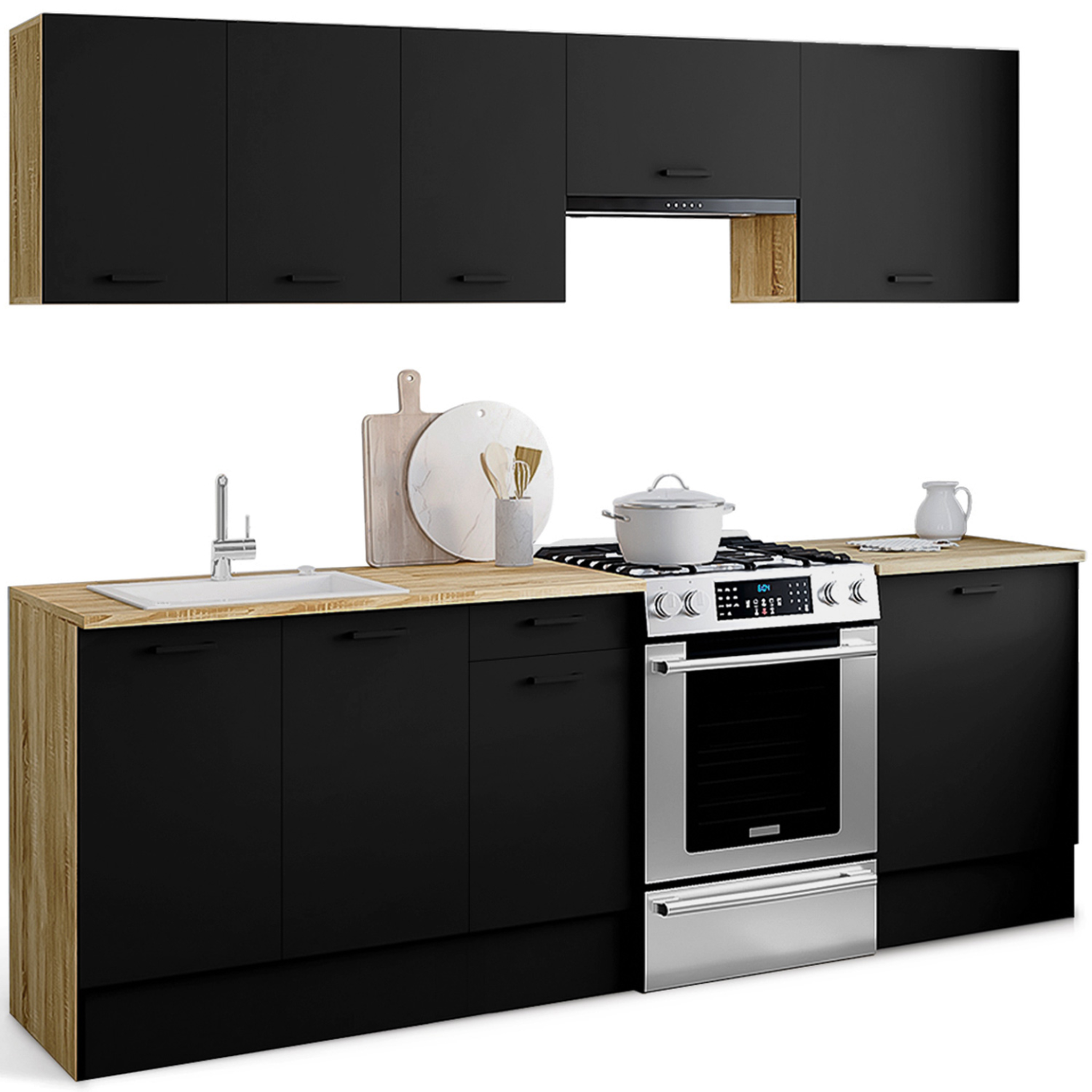 ID MARKET Cuisine complète 240 cm subtil avec plan de travail 7 éléments bois et noir