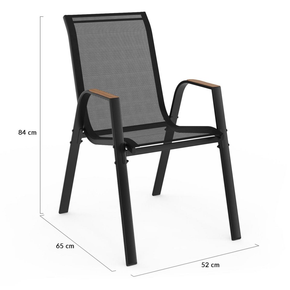 ID MARKET Lot de 4 chaises de jardin NOUMEA métal et textilène empilables noir et bois