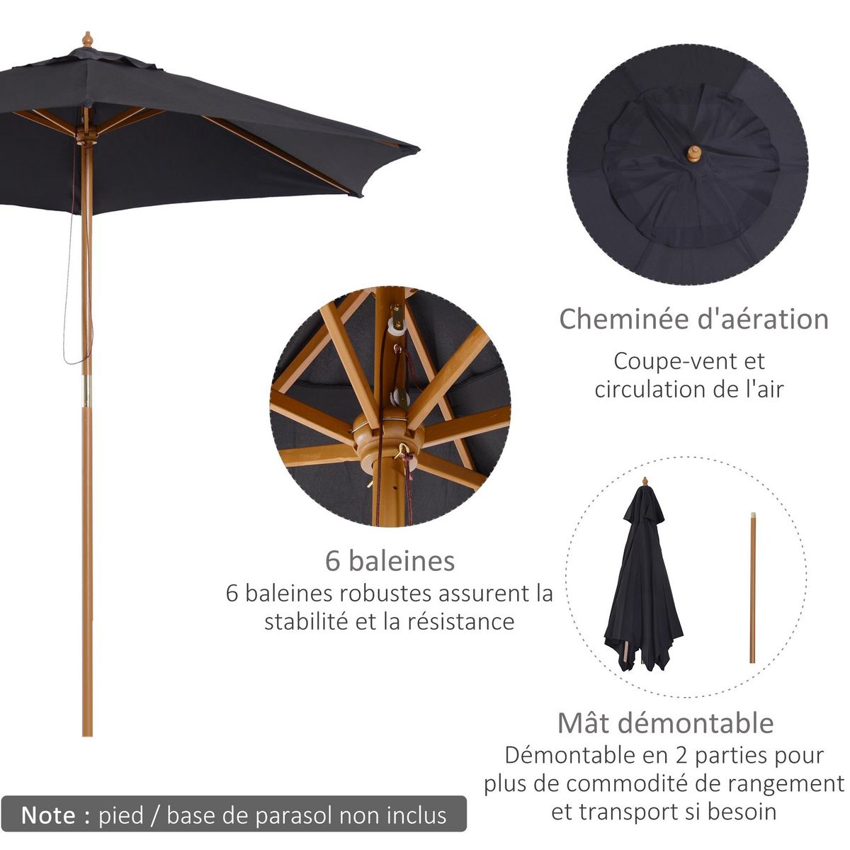 OUTSUNNY Parasol droit hexagonal grande taille de jardin Ø 2,5 x 2,3H m bois de bambou noir