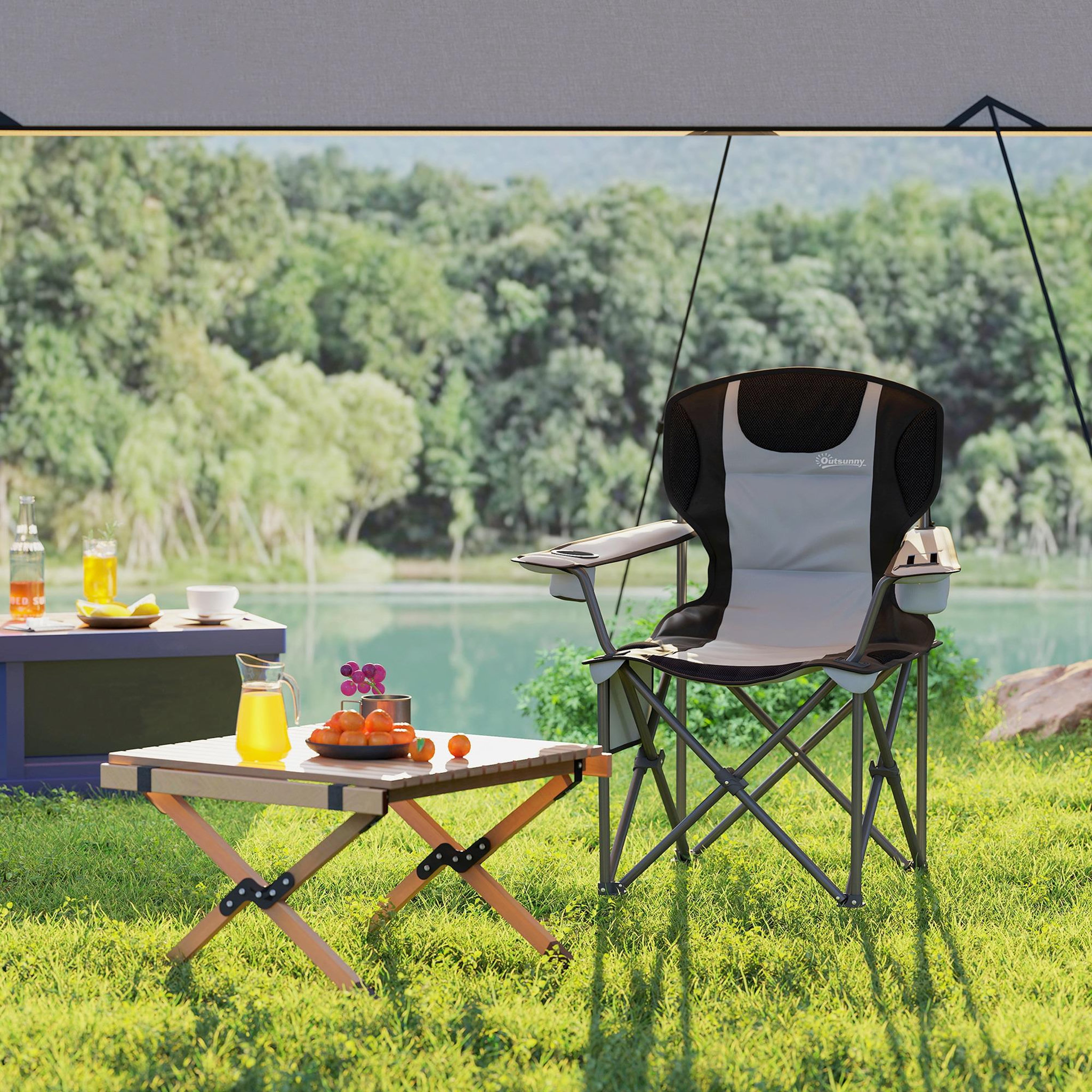 Voir la diapositive 4 : OUTSUNNY Chaise de camping pliante rembourrée - porte-gobelets, poches latérales rangement, sac isotherme - sac transport inclus - gris noir