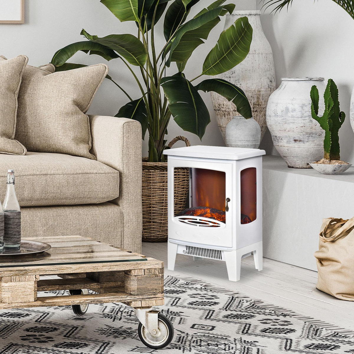 HOMCOM Cheminée électrique poêle style néo-rétro 1000-2000 W simulation flammes LED luminosité réglable acier ABS blanc