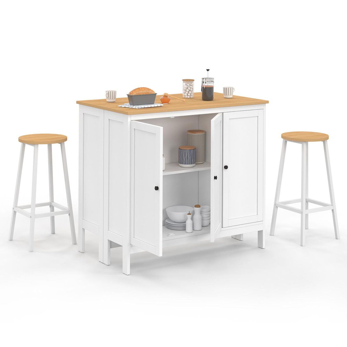 ID MARKET Ensemble table de bar îlot Achille et 2 tabourets bois blanc plateau façon hêtre