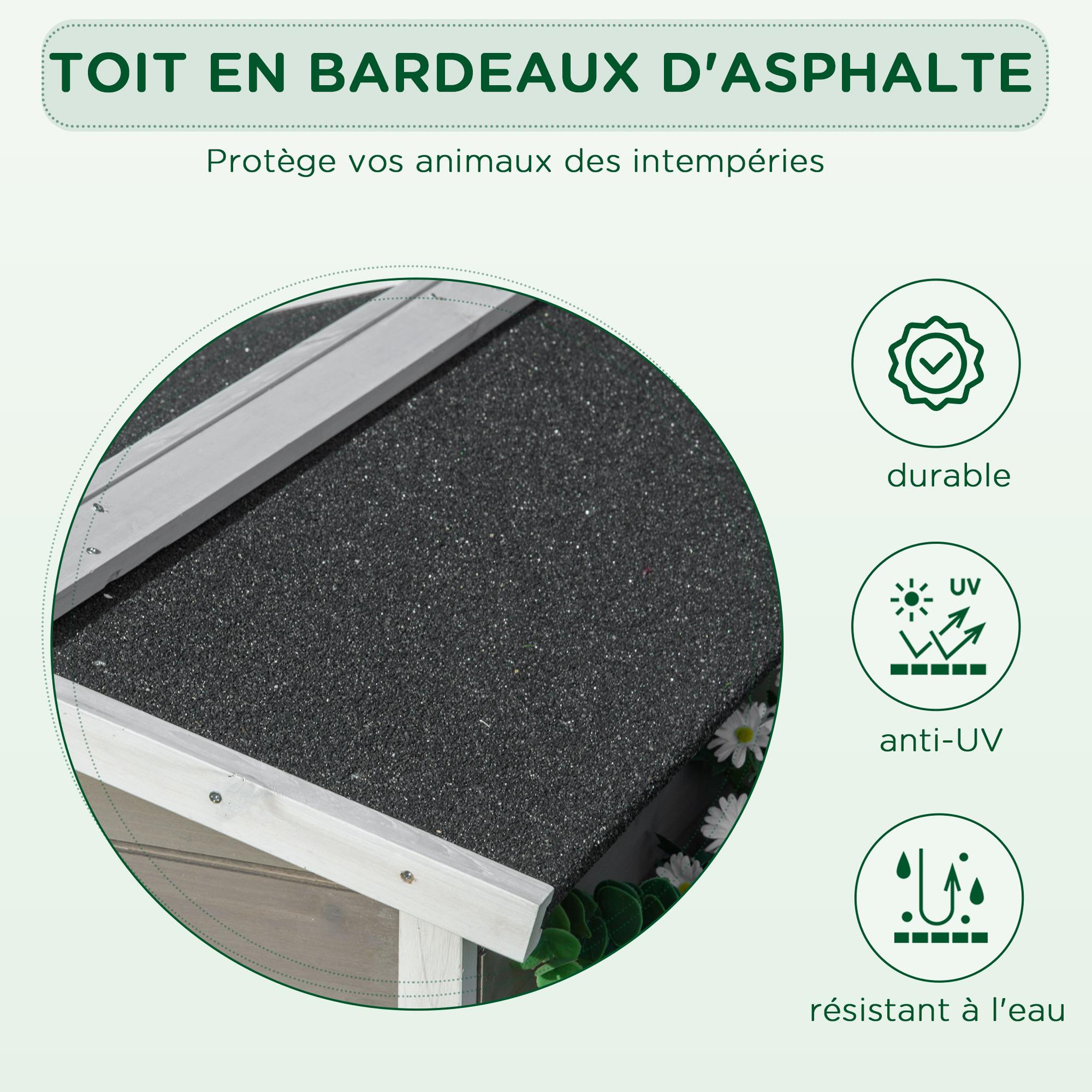 Voir la diapositive 5 : PAWHUT Maison lodge sur pied - niche villa chat petit chien - terrasse, toit bitumé, jardinière, 2 portes - bois sapin pré-huilé peint