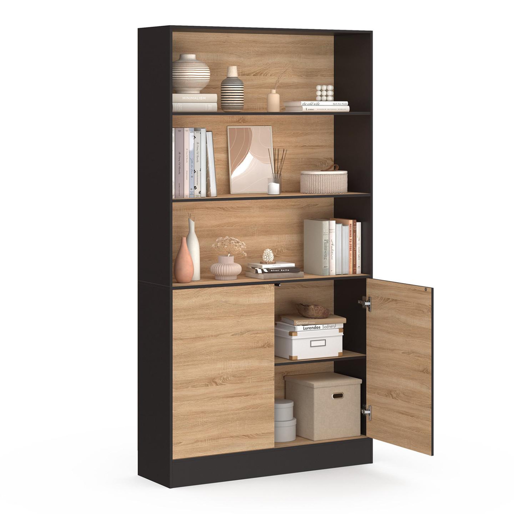 Voir la diapositive 4 : ID MARKET Etagère bibliothèque carla 3 niveaux xxl 1 placard noir et effet bois 190 cm