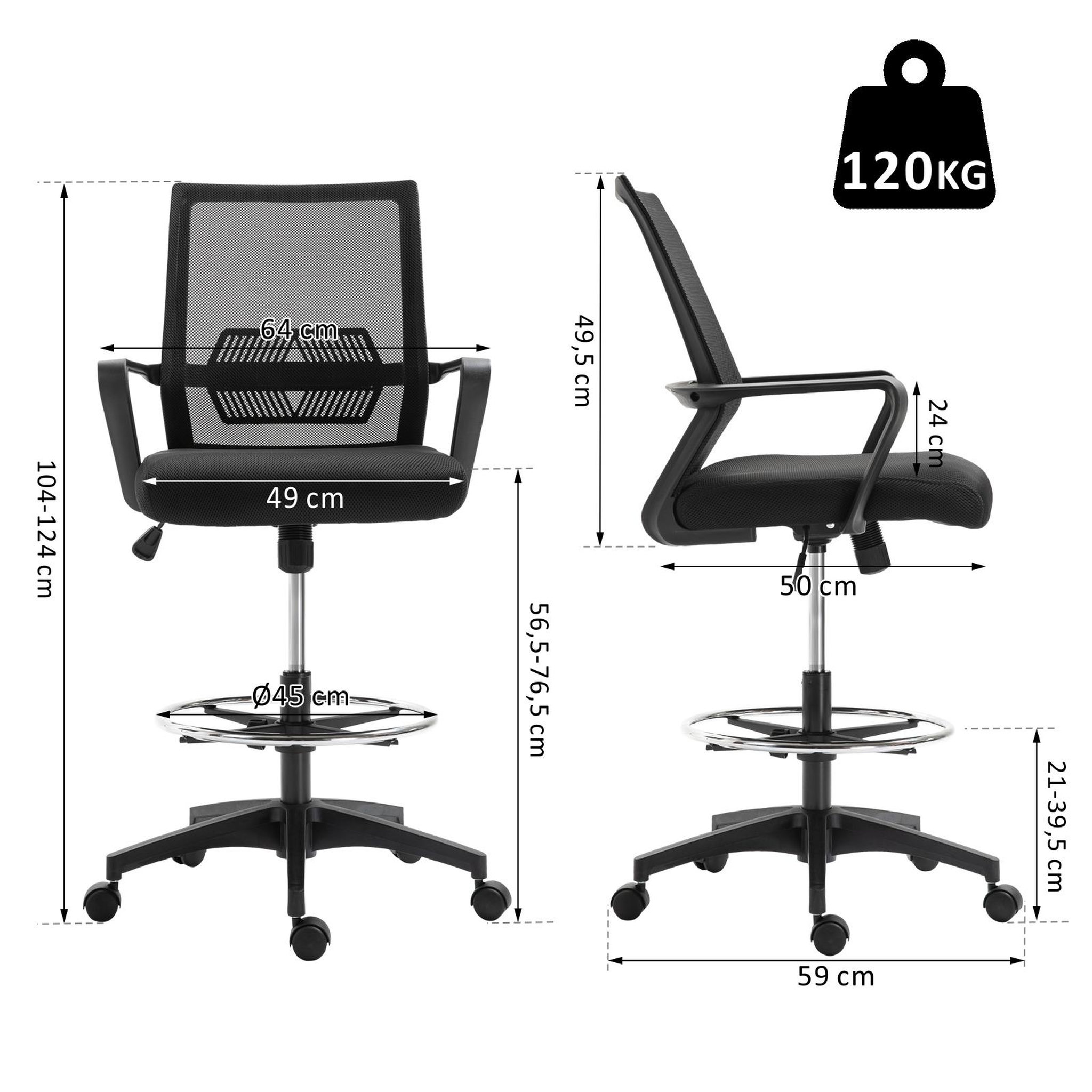 Voir la diapositive 3 : HOMCOM Fauteuil de bureau chaise de bureau assise haute réglable dim. 64L x 59l x 104-124H cm pivotant 360° maille respirante noir