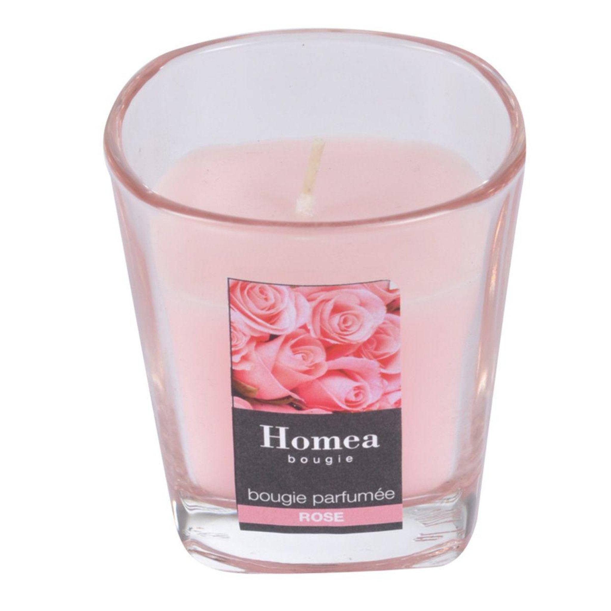 Voir la diapositive 2 : HOMEA Bougie parfumée en verre  essentiel  7cm rose