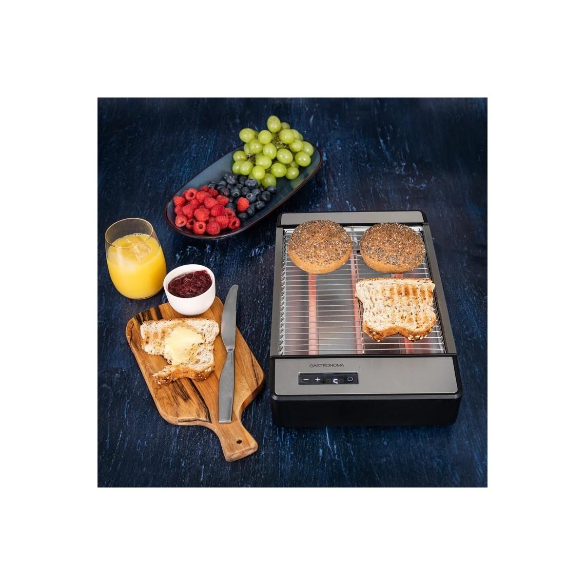 GASTRONOMA Grille-pain plat 920W Inox 24x19 cm, Toaster 6 niveaux de brunissage, Minuteur, Tiroir à miettes amovible Gastronoma